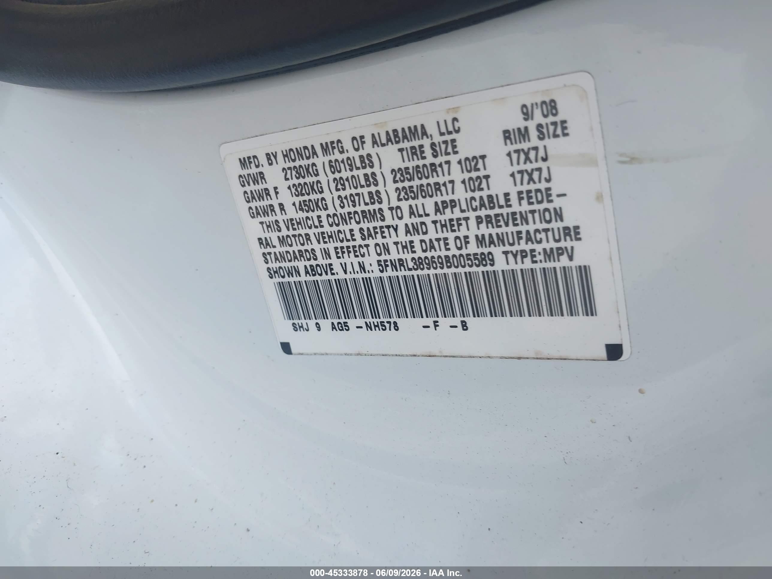 2009 Honda Odyssey Touring Белый vin: 5FNRL38969B005589