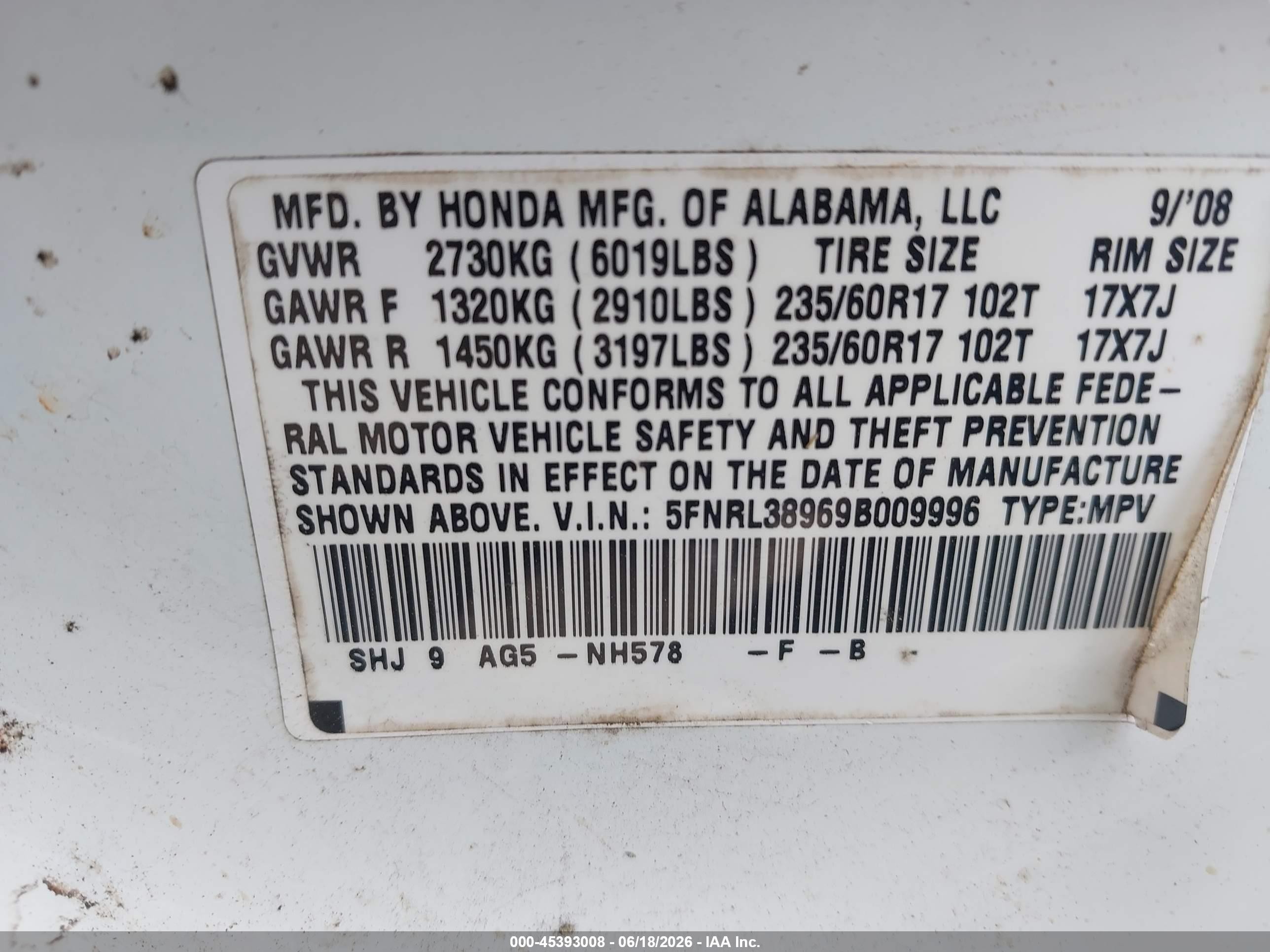 2009 Honda Odyssey Touring White vin: 5FNRL38969B009996