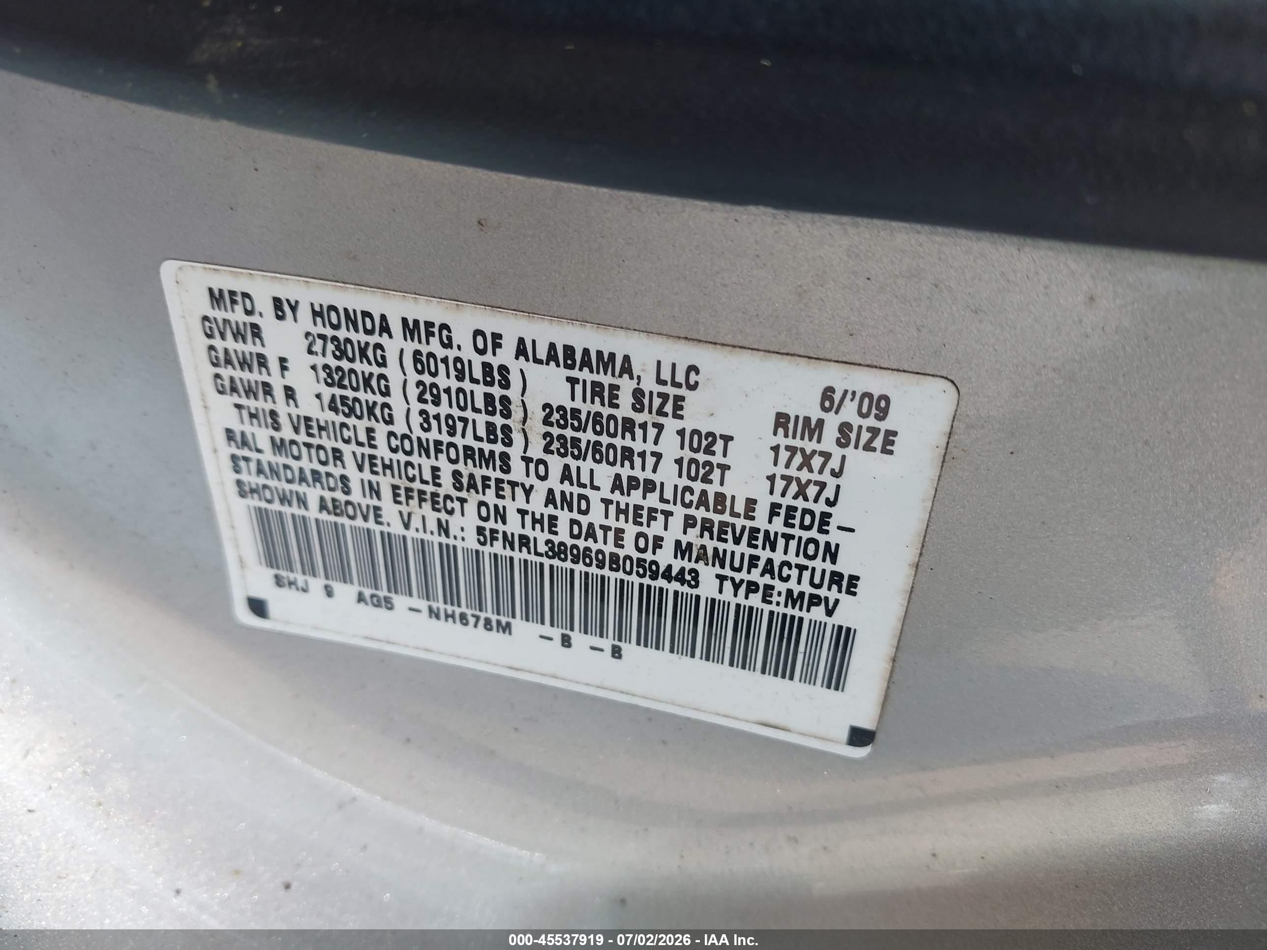 2009 Honda Odyssey Touring Silver vin: 5FNRL38969B059443