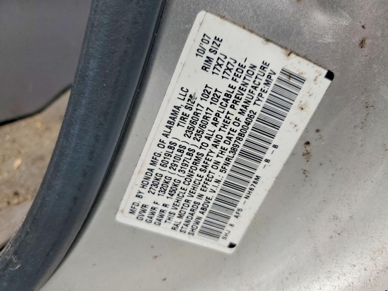 2008 Honda Odyssey Touring Silver vin: 5FNRL38978B004062