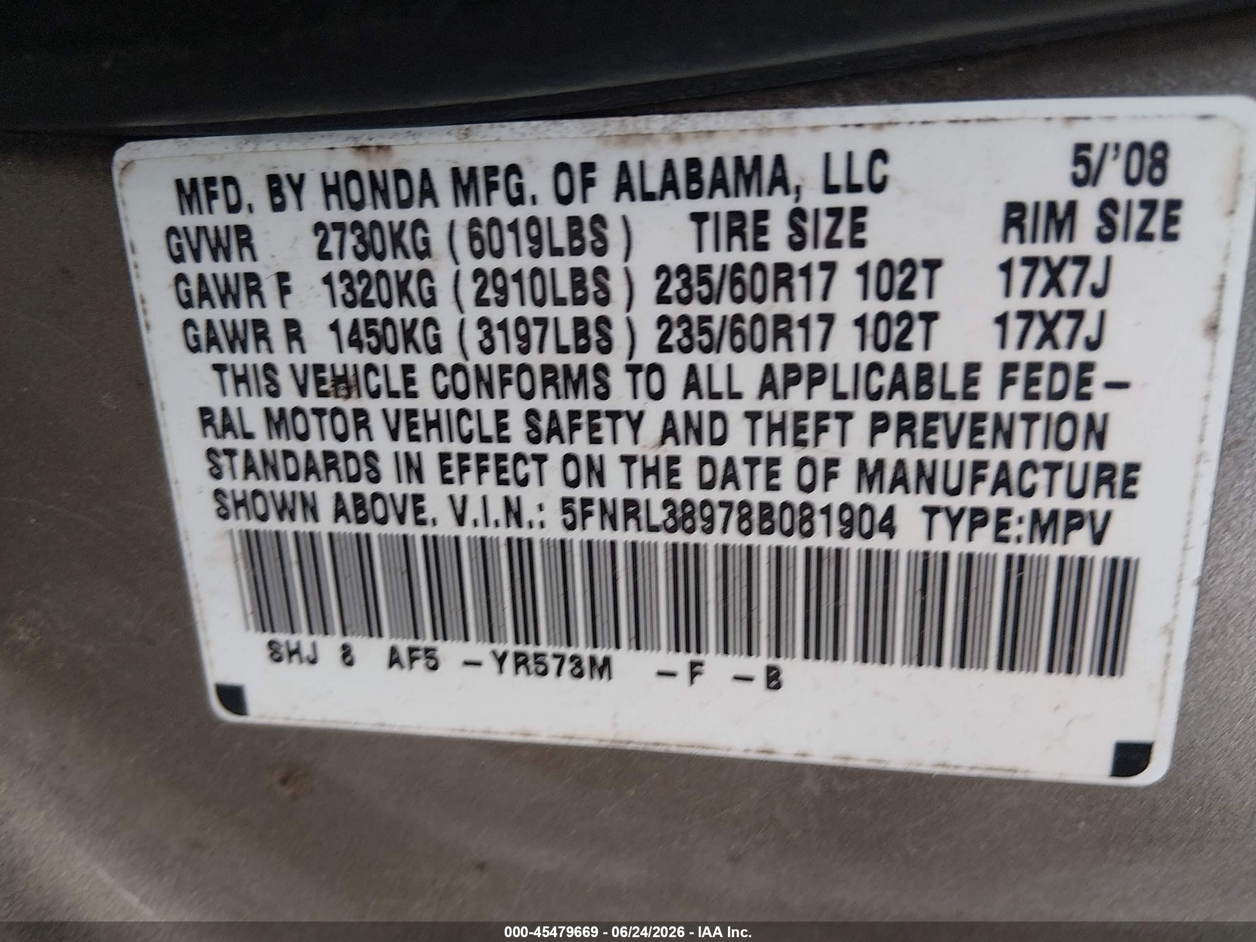 2008 Honda Odyssey Touring Gold vin: 5FNRL38978B081904