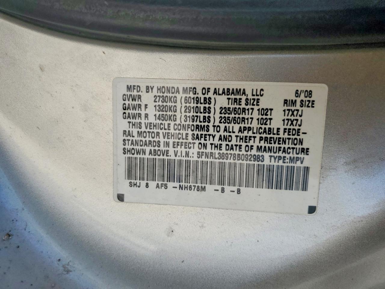 2008 Honda Odyssey Touring Silver vin: 5FNRL38978B092983