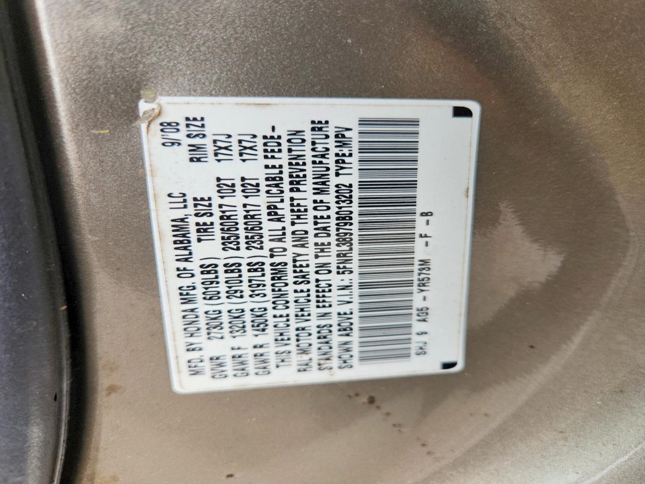 2009 Honda Odyssey Touring Gold vin: 5FNRL38979B013202