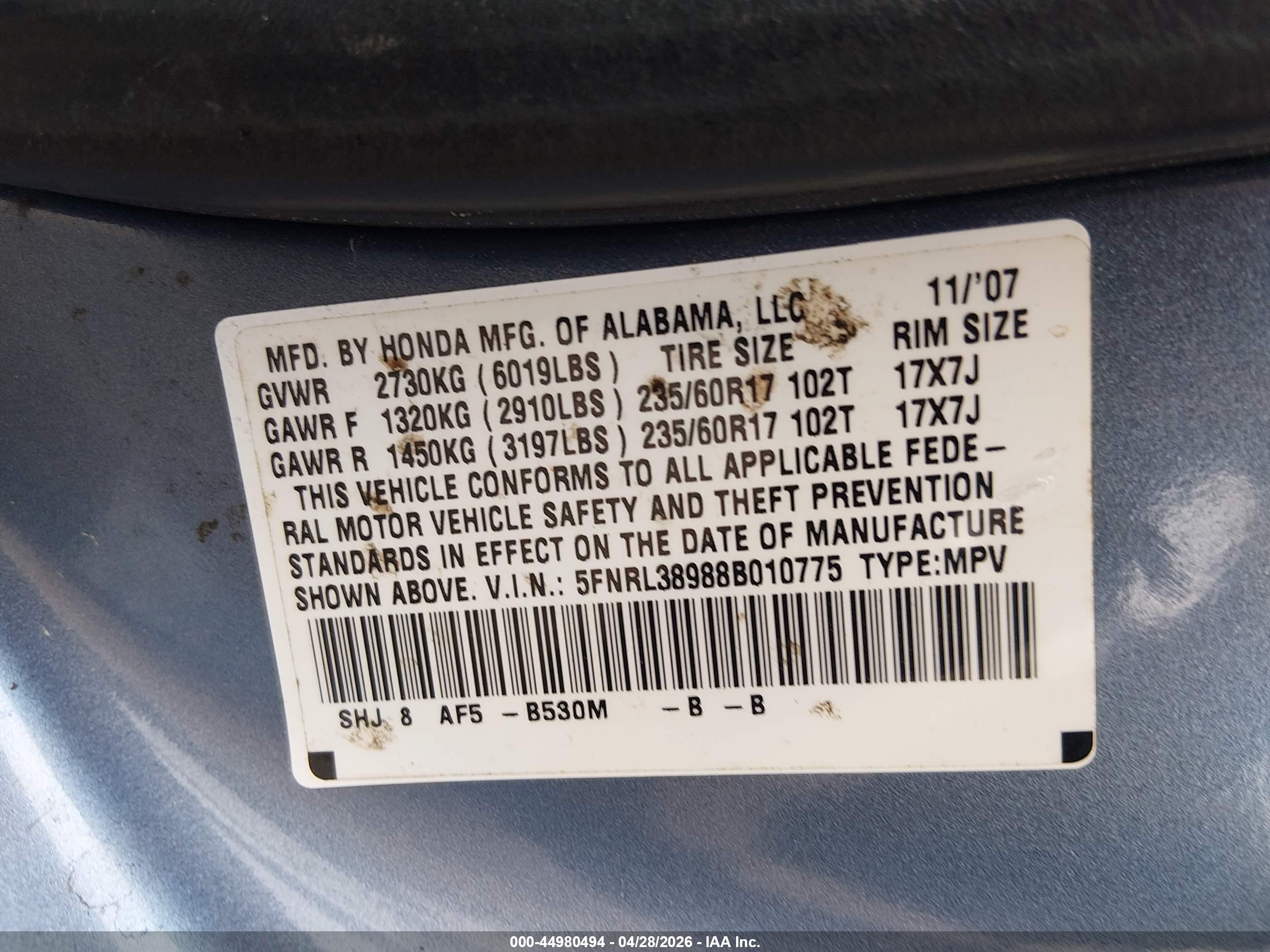 2008 Honda Odyssey Touring Blue vin: 5FNRL38988B010775