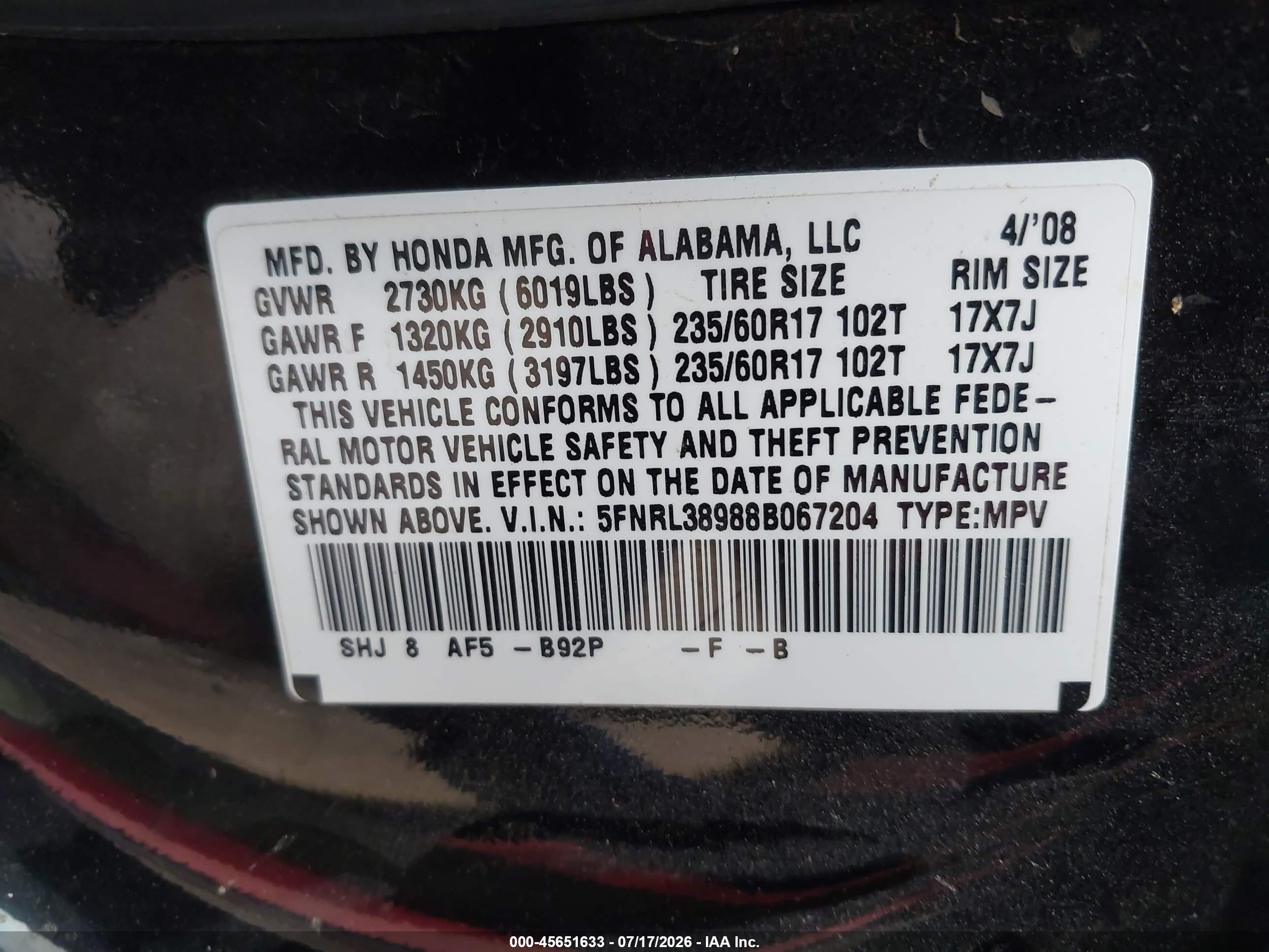 2008 Honda Odyssey Touring Black vin: 5FNRL38988B067204