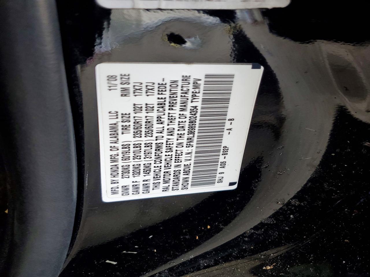2009 Honda Odyssey Touring Black vin: 5FNRL38989B024354