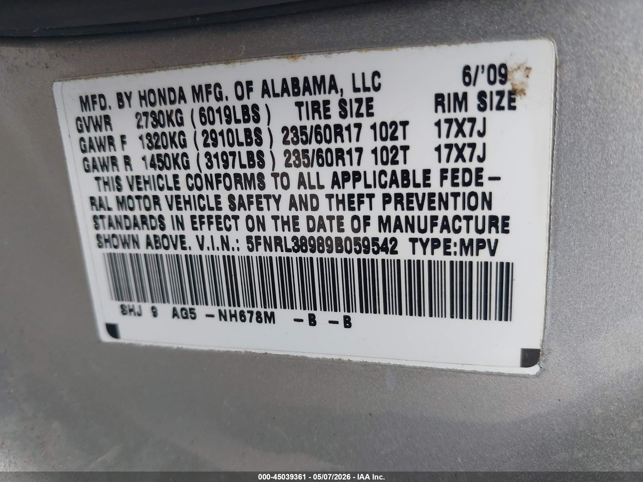 2009 Honda Odyssey Touring Silver vin: 5FNRL38989B059542