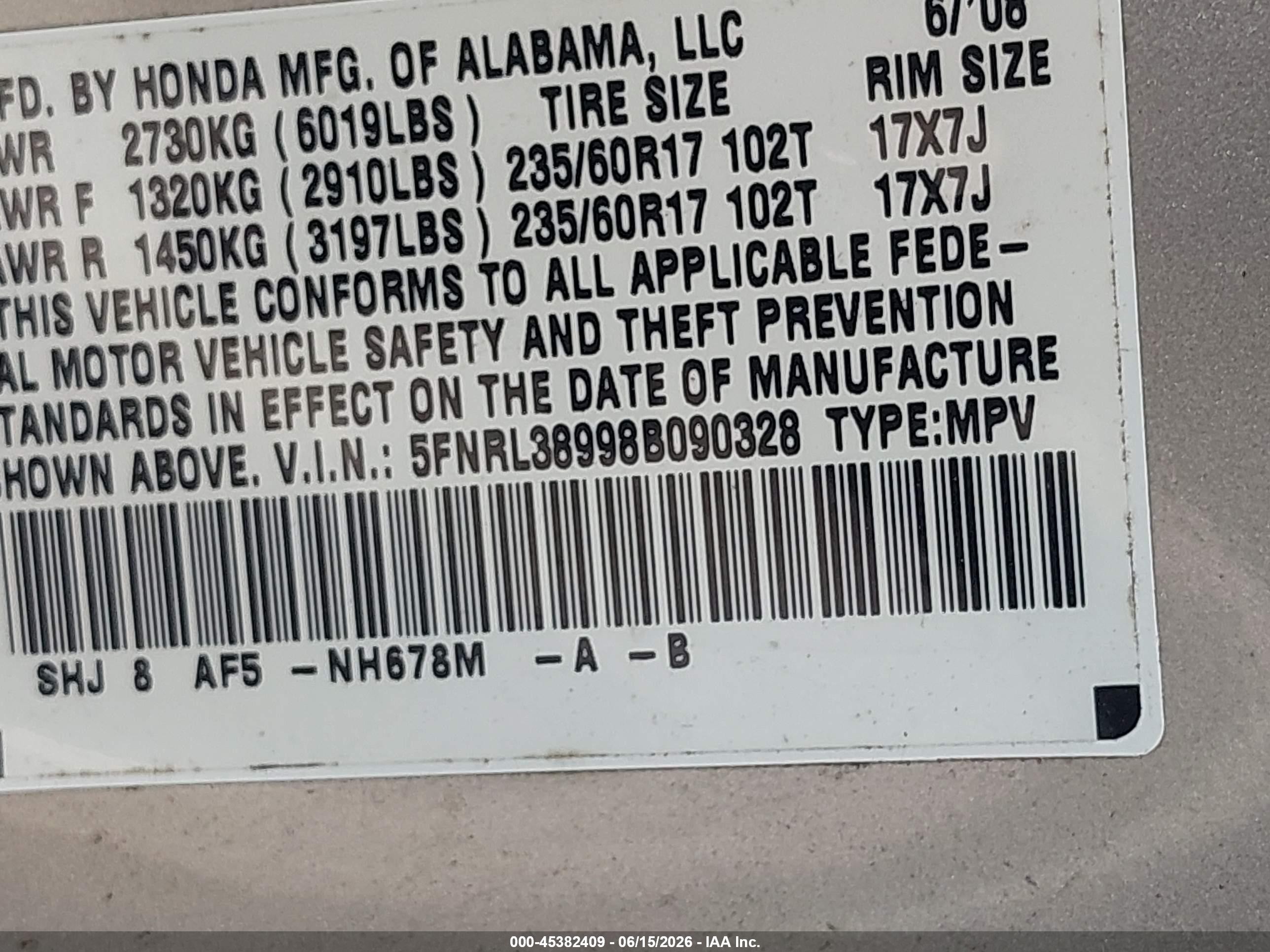 2008 Honda Odyssey Touring Gray vin: 5FNRL38998B090328