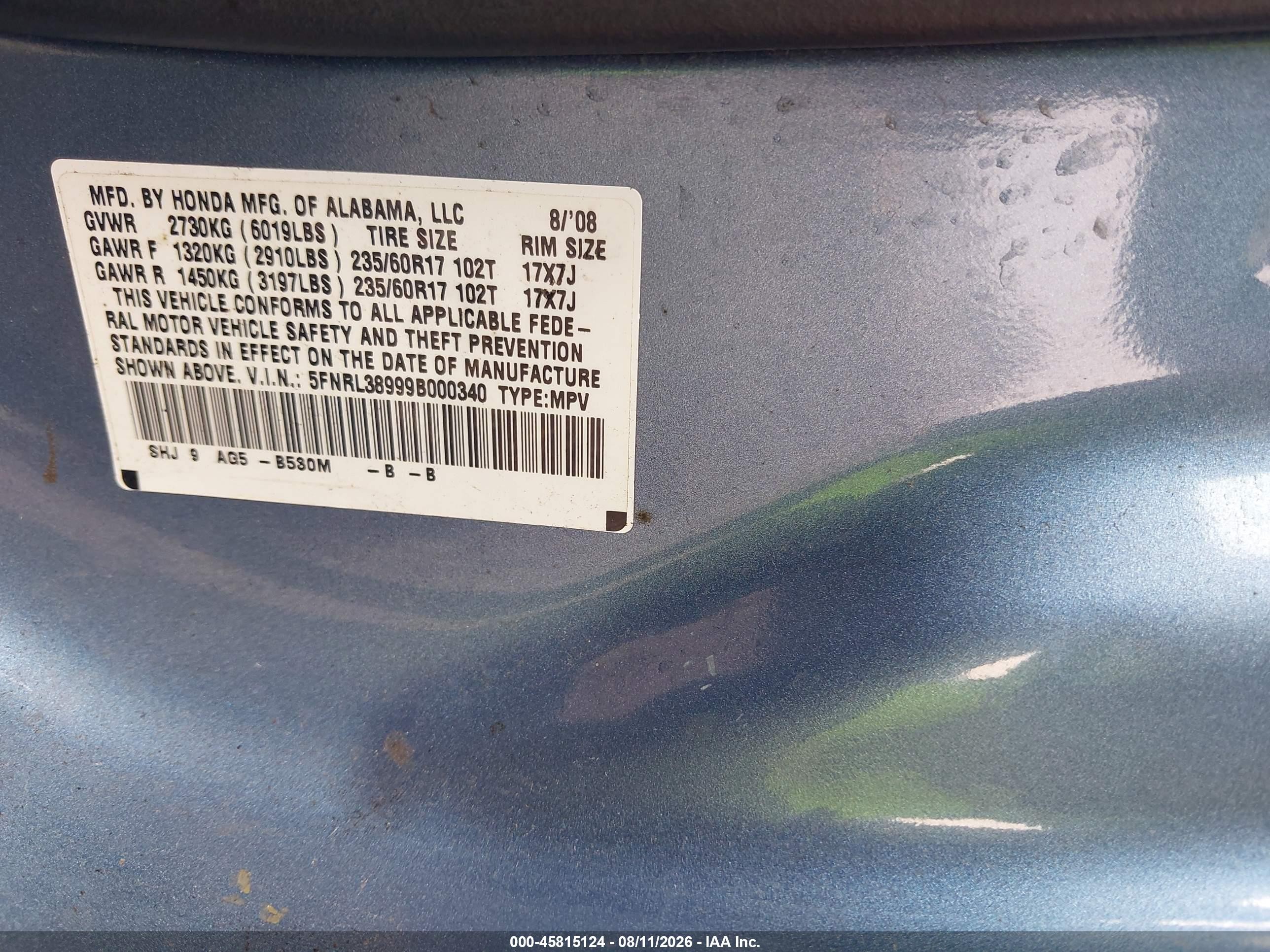 2009 Honda Odyssey Touring Blue vin: 5FNRL38999B000340