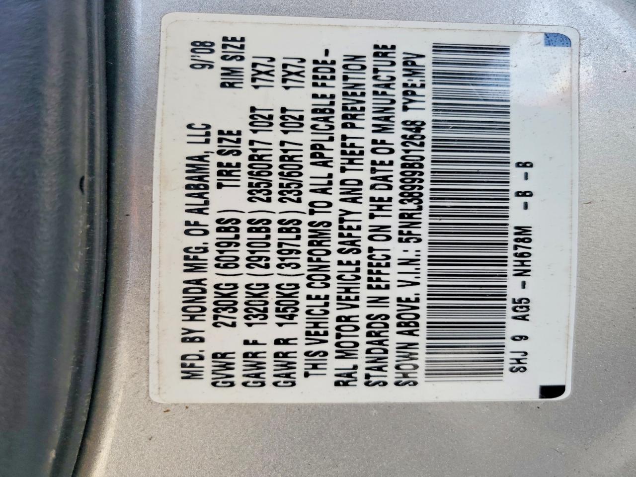 2009 Honda Odyssey Touring Серебряный vin: 5FNRL38999B012648