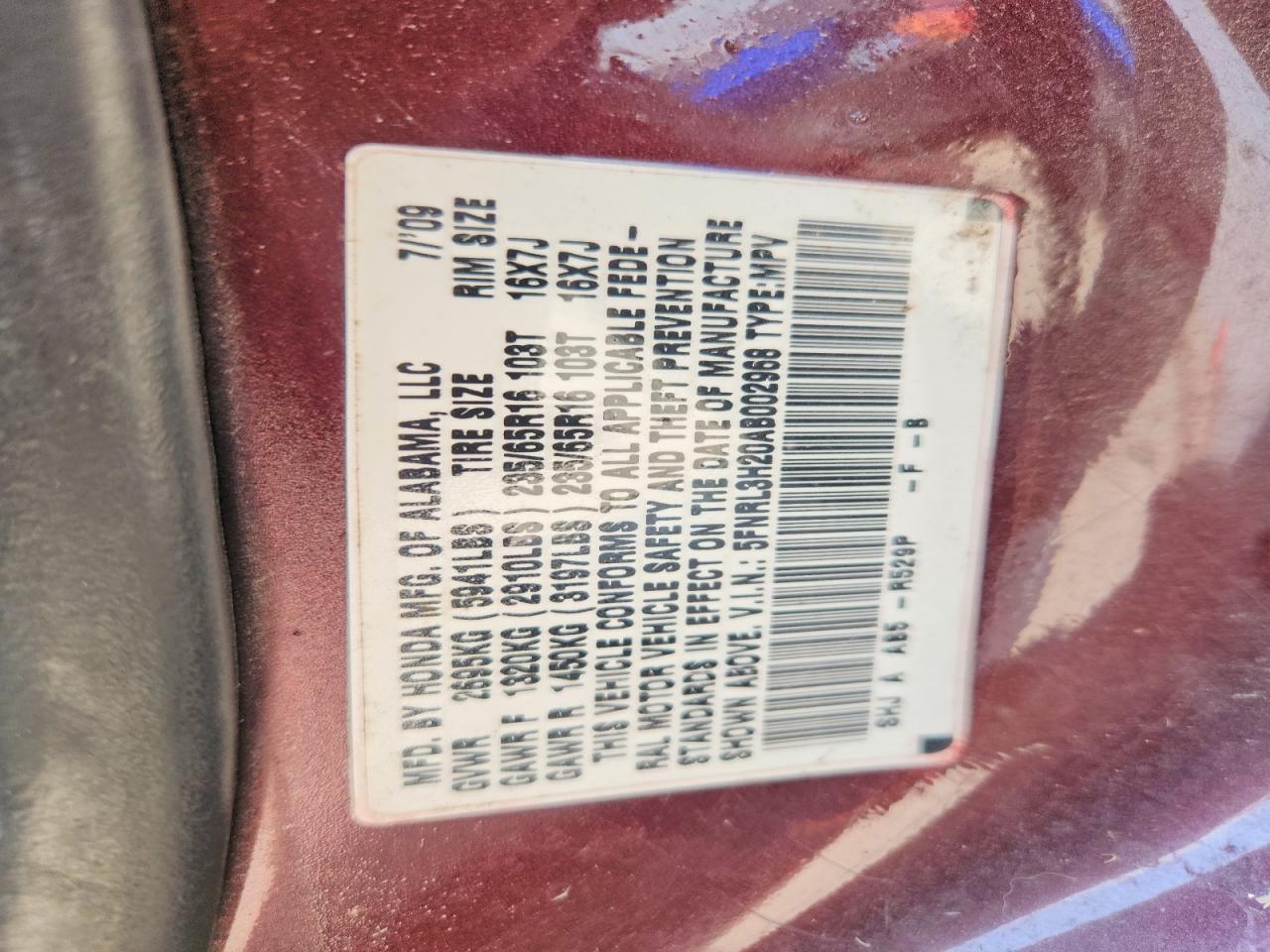 2010 Honda Odyssey Lx Burgundy vin: 5FNRL3H20AB002968