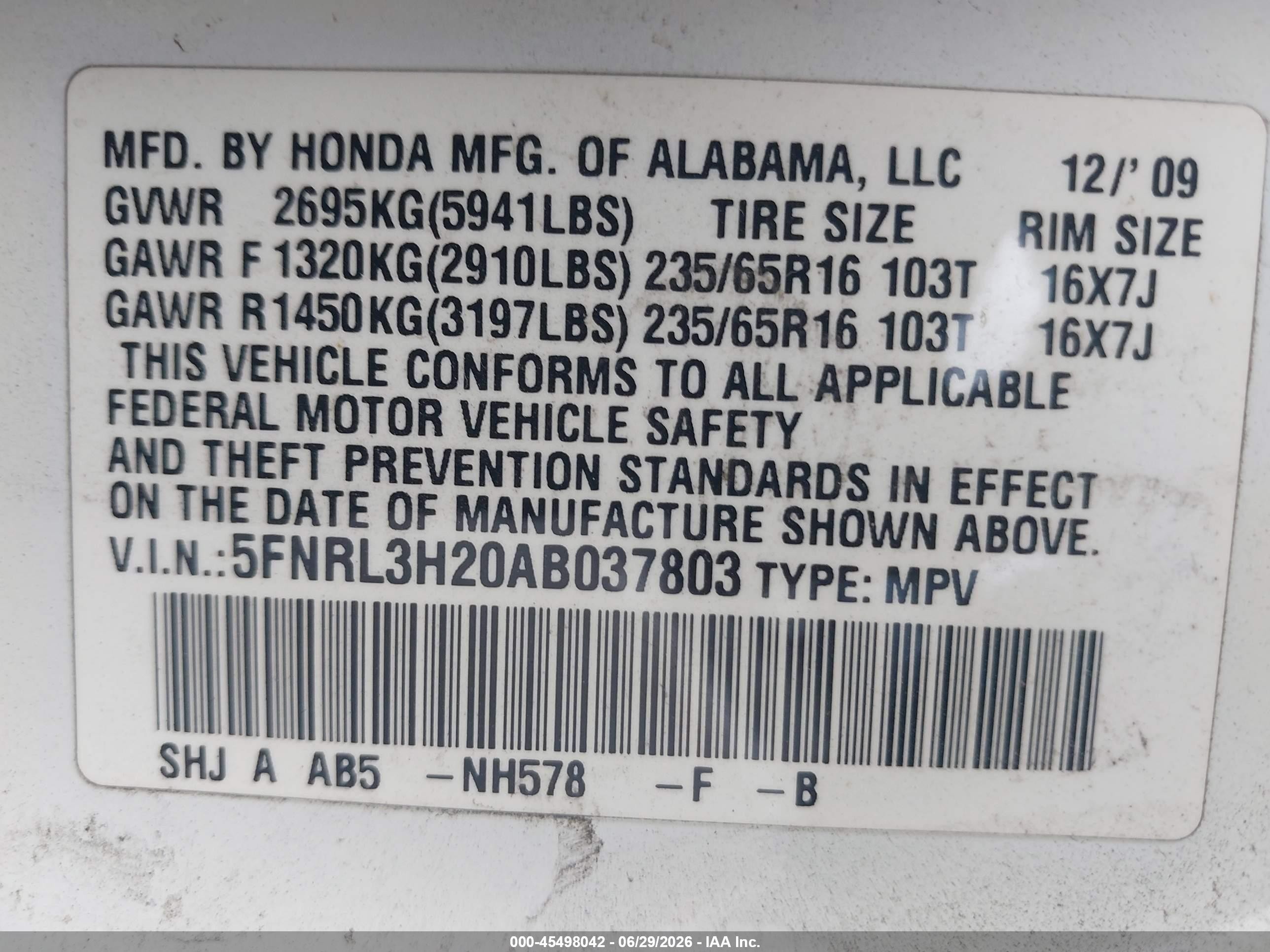 2010 Honda Odyssey Lx White vin: 5FNRL3H20AB037803