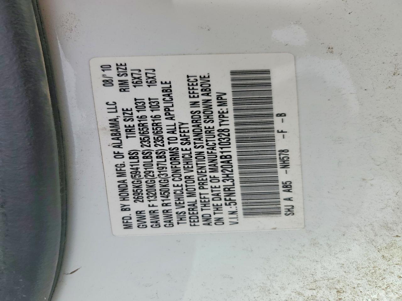 2010 Honda Odyssey Lx White vin: 5FNRL3H20AB110328