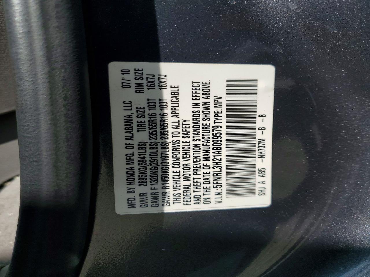 2010 Honda Odyssey Lx Charcoal vin: 5FNRL3H21AB099579