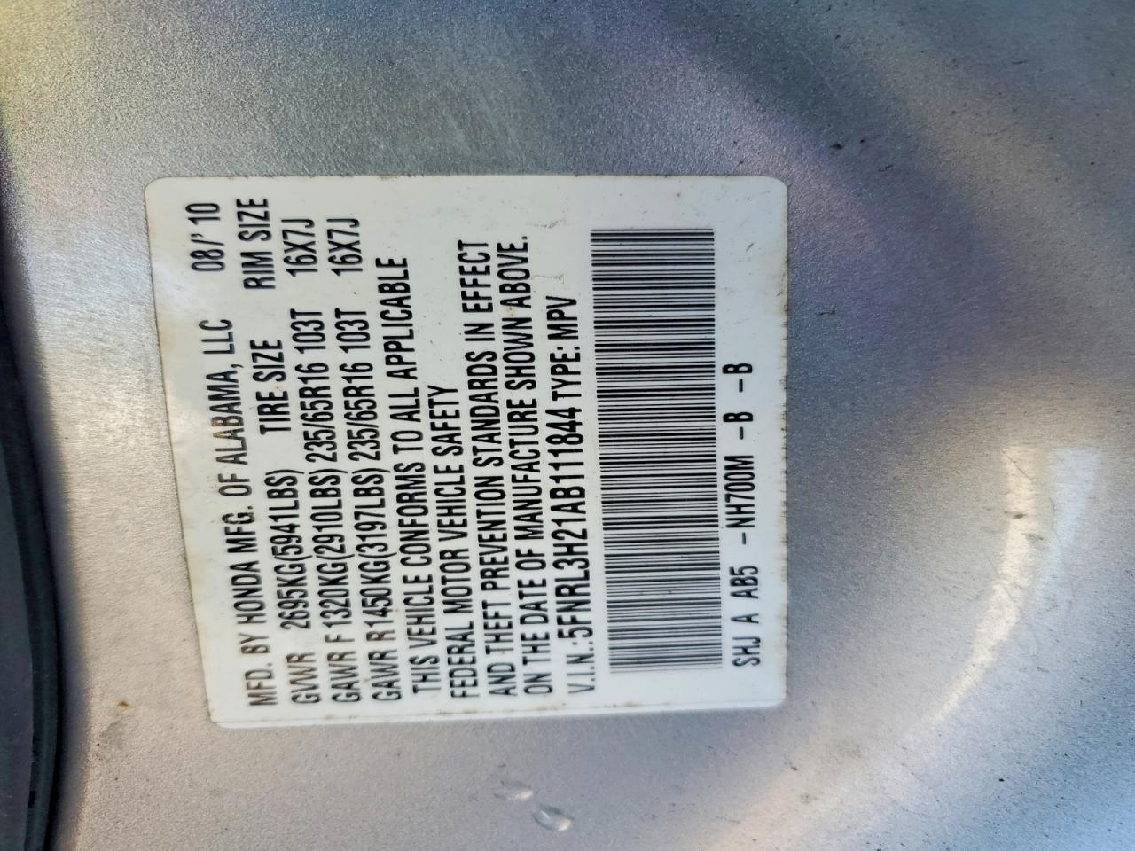 2010 Honda Odyssey Lx Silver vin: 5FNRL3H21AB111844