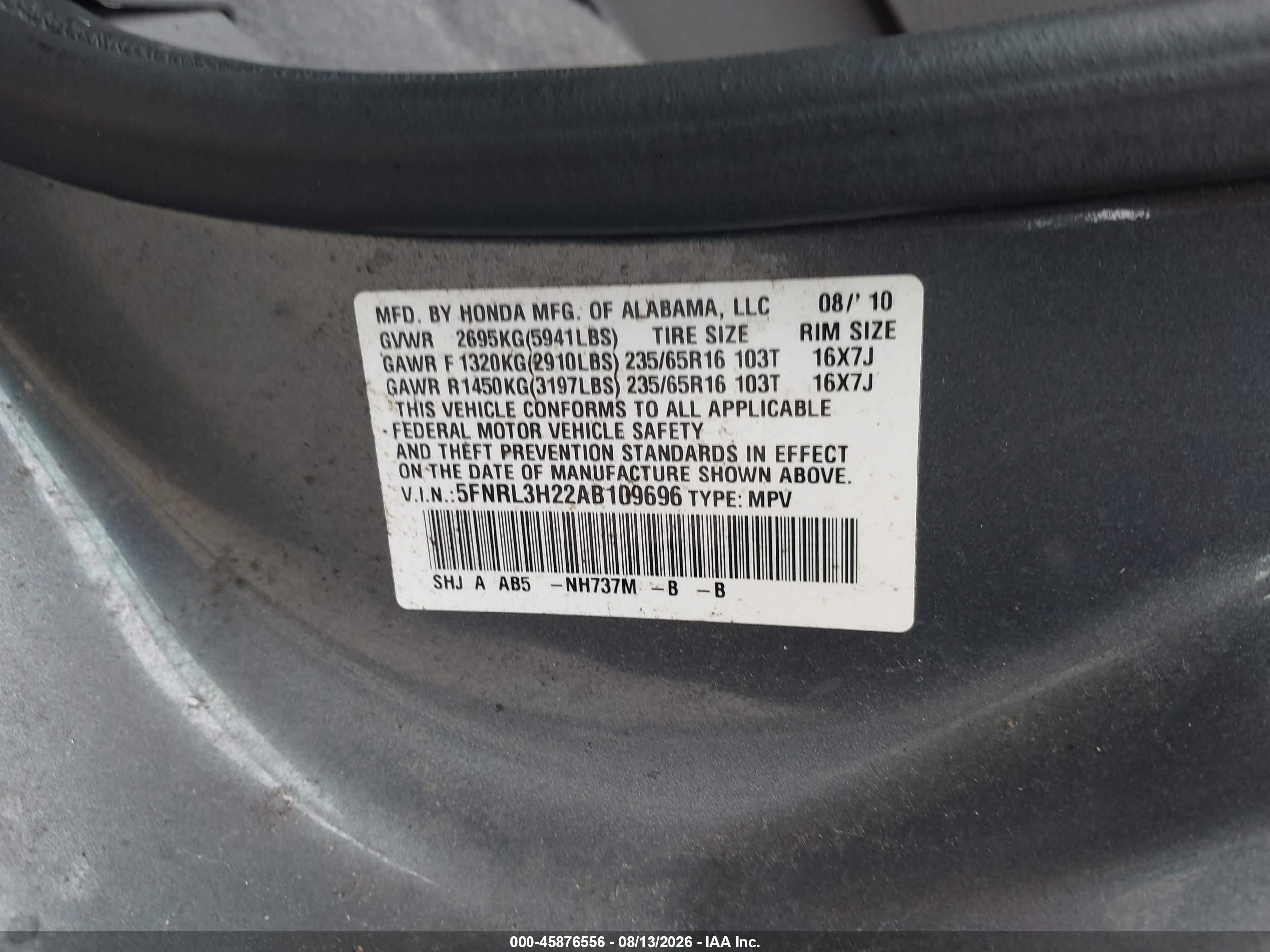2010 Honda Odyssey Lx Gray vin: 5FNRL3H22AB109696