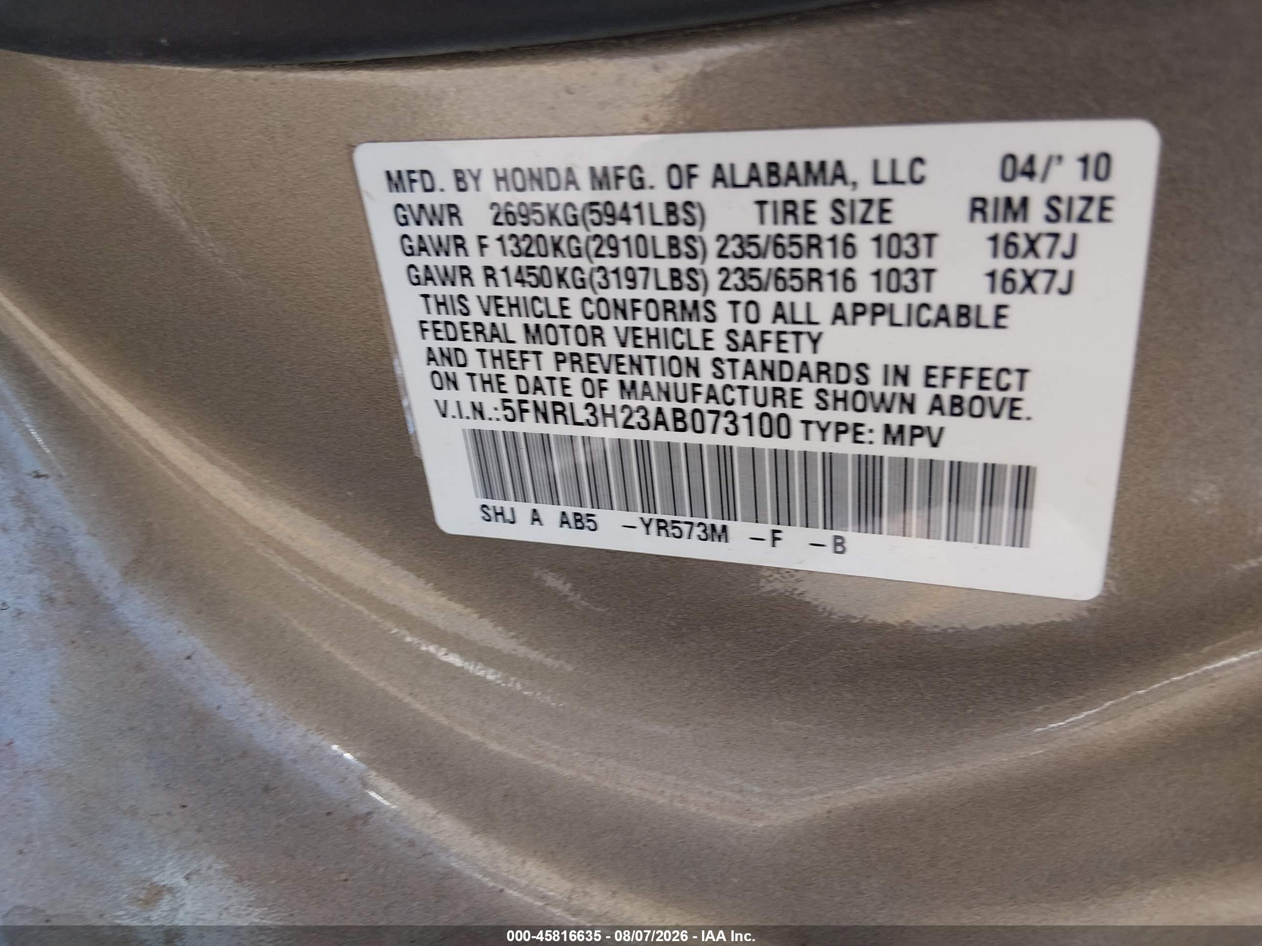 2010 Honda Odyssey Lx Gold vin: 5FNRL3H23AB073100