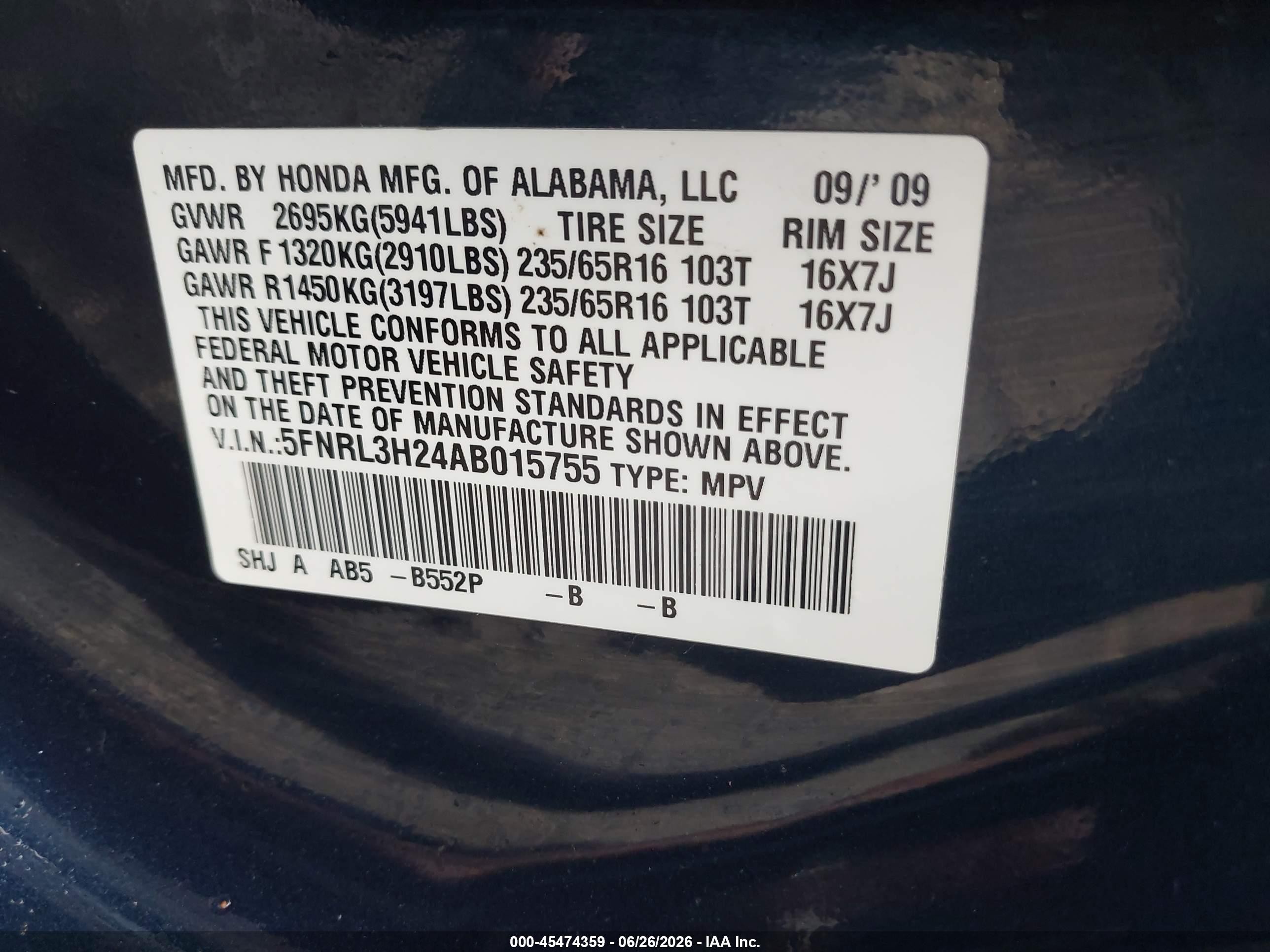 2010 Honda Odyssey Lx Navy vin: 5FNRL3H24AB015755