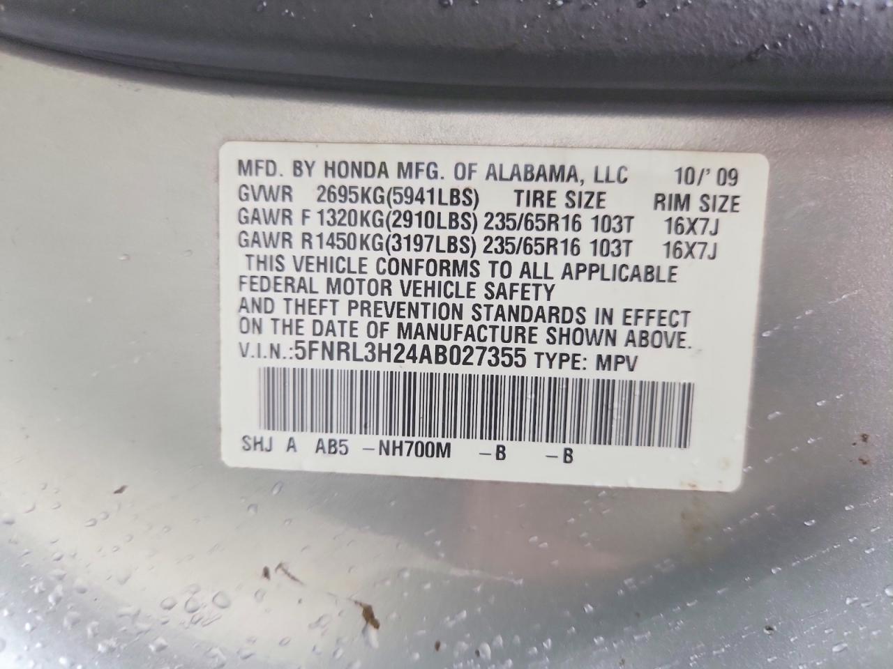 2010 Honda Odyssey Lx Silver vin: 5FNRL3H24AB027355