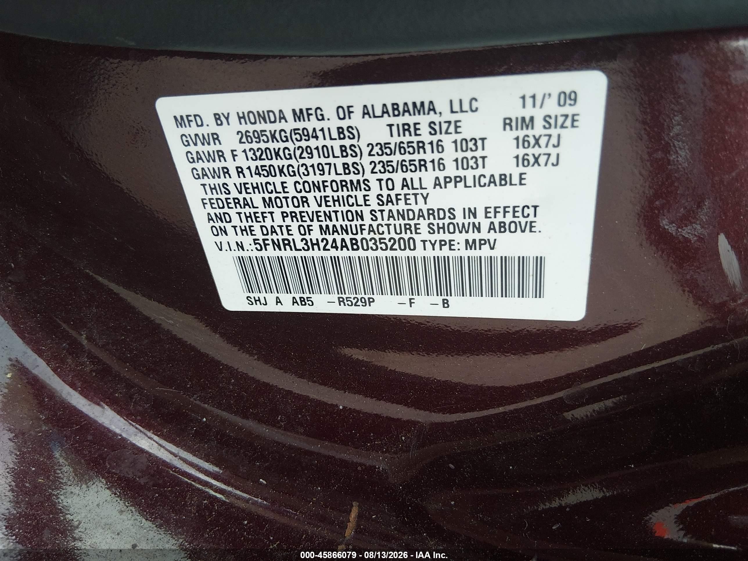 2010 Honda Odyssey Lx Красный vin: 5FNRL3H24AB035200