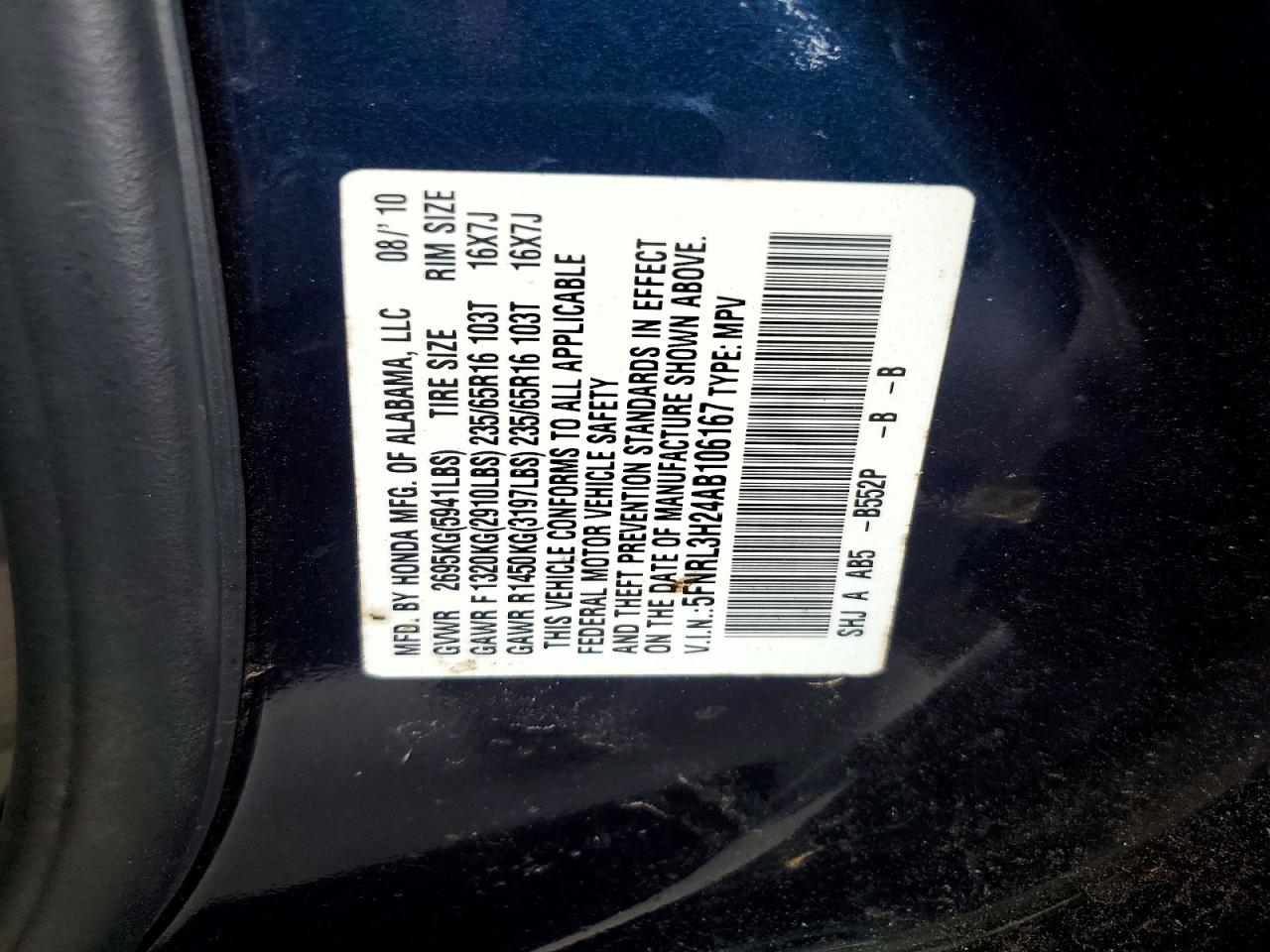 2010 Honda Odyssey Lx Blue vin: 5FNRL3H24AB106167