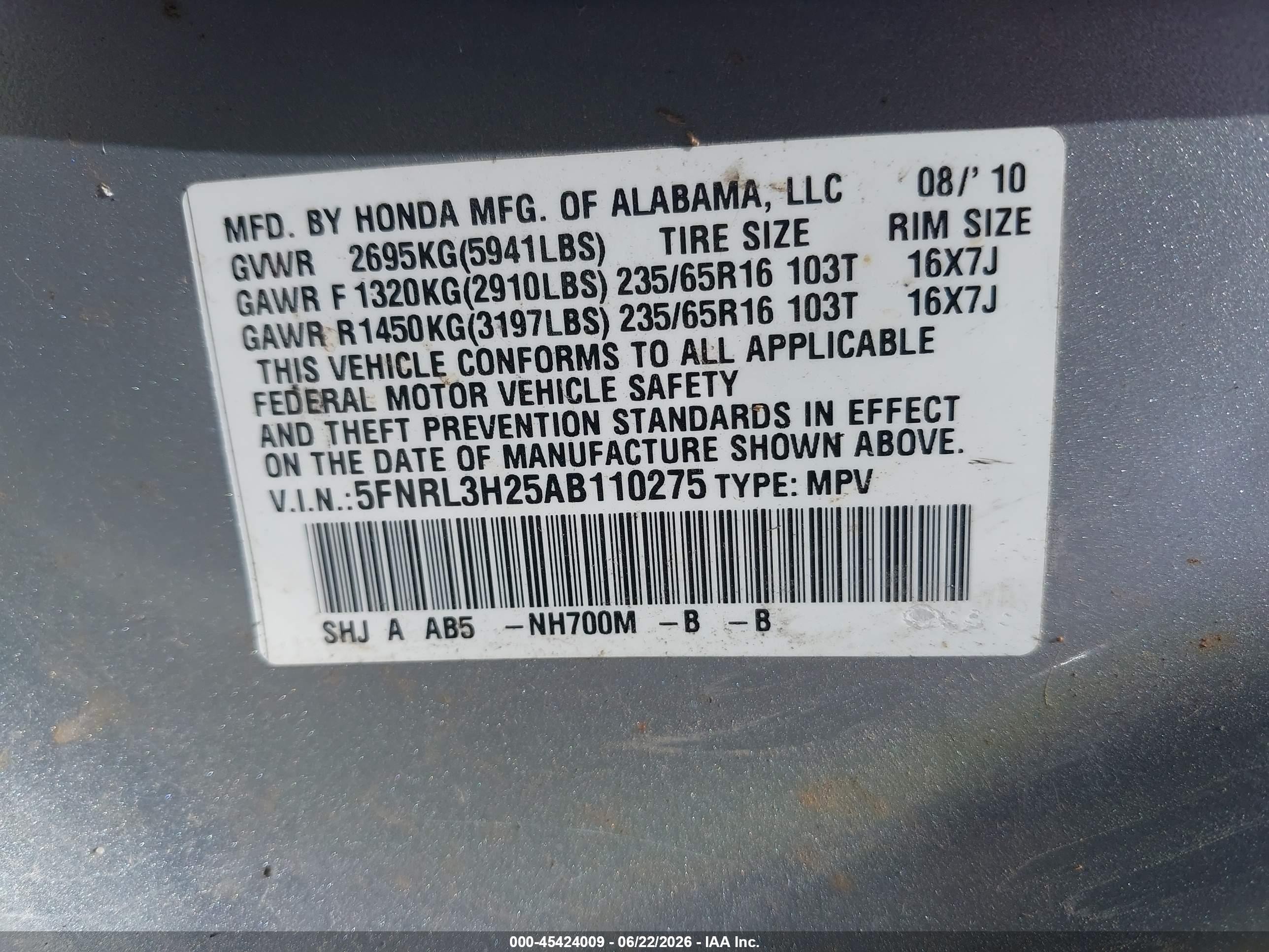 2010 Honda Odyssey Lx Silver vin: 5FNRL3H25AB110275