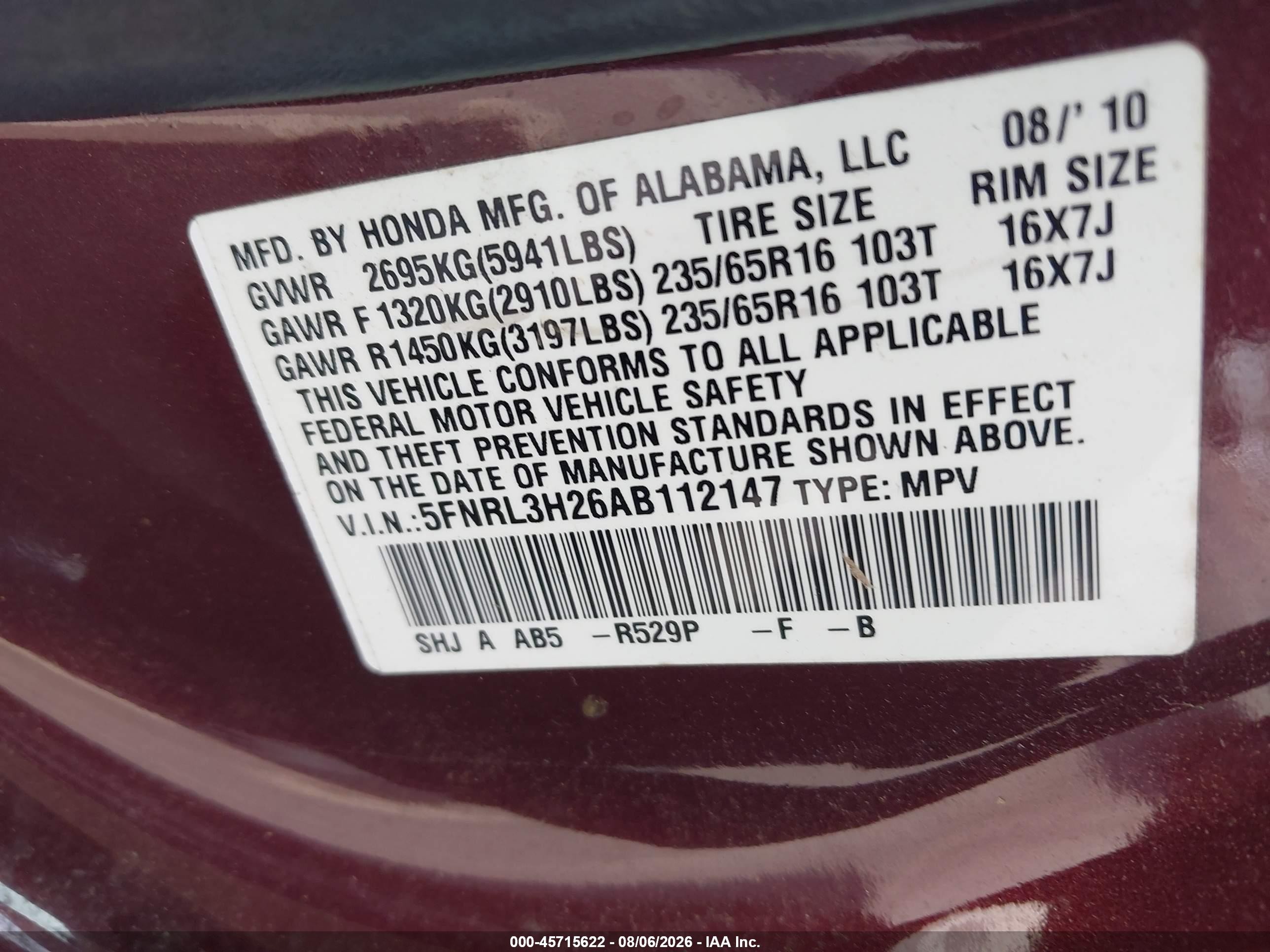 2010 Honda Odyssey Lx Burgundy vin: 5FNRL3H26AB112147