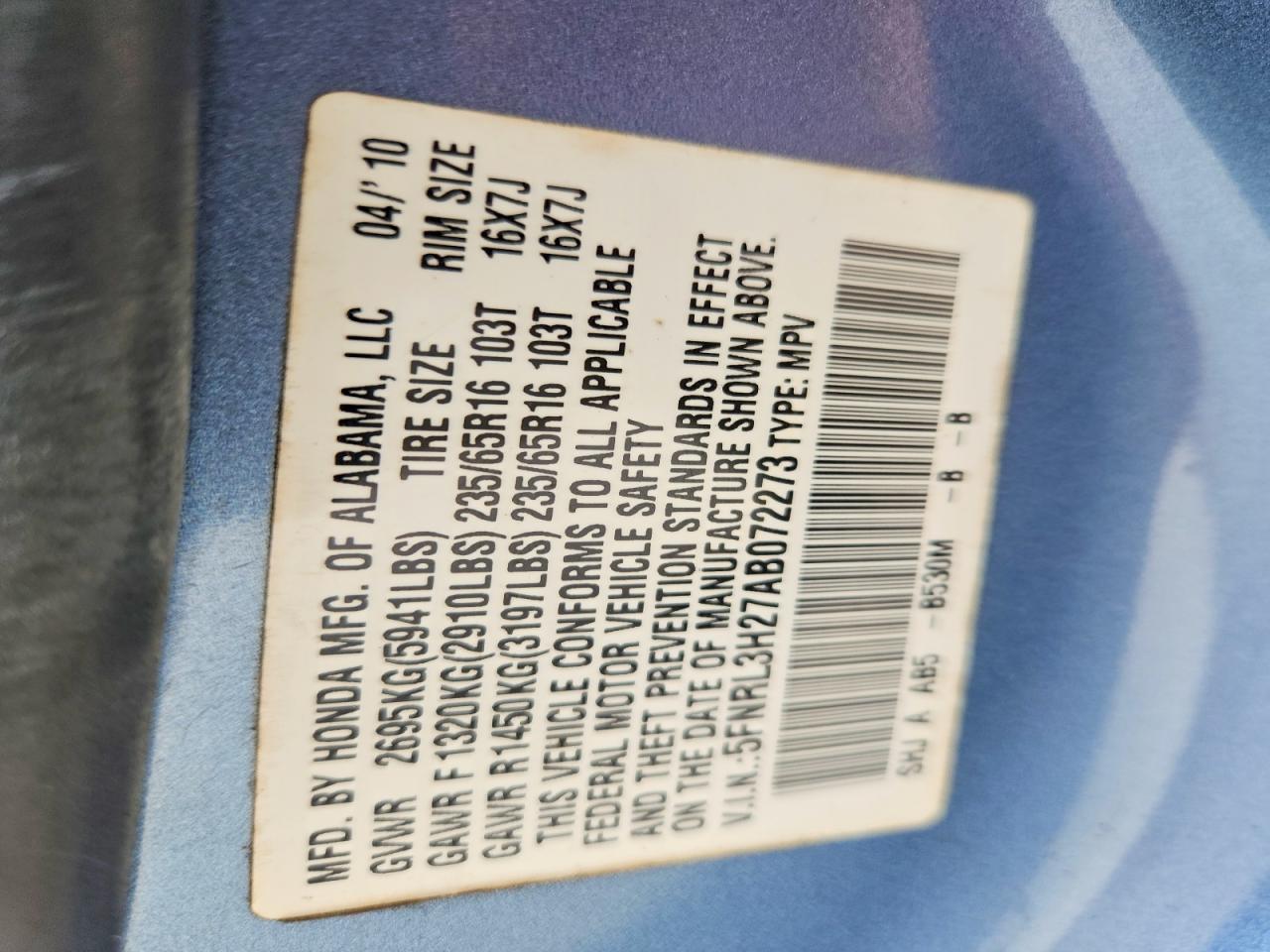 2010 Honda Odyssey Lx Blue vin: 5FNRL3H27AB072273