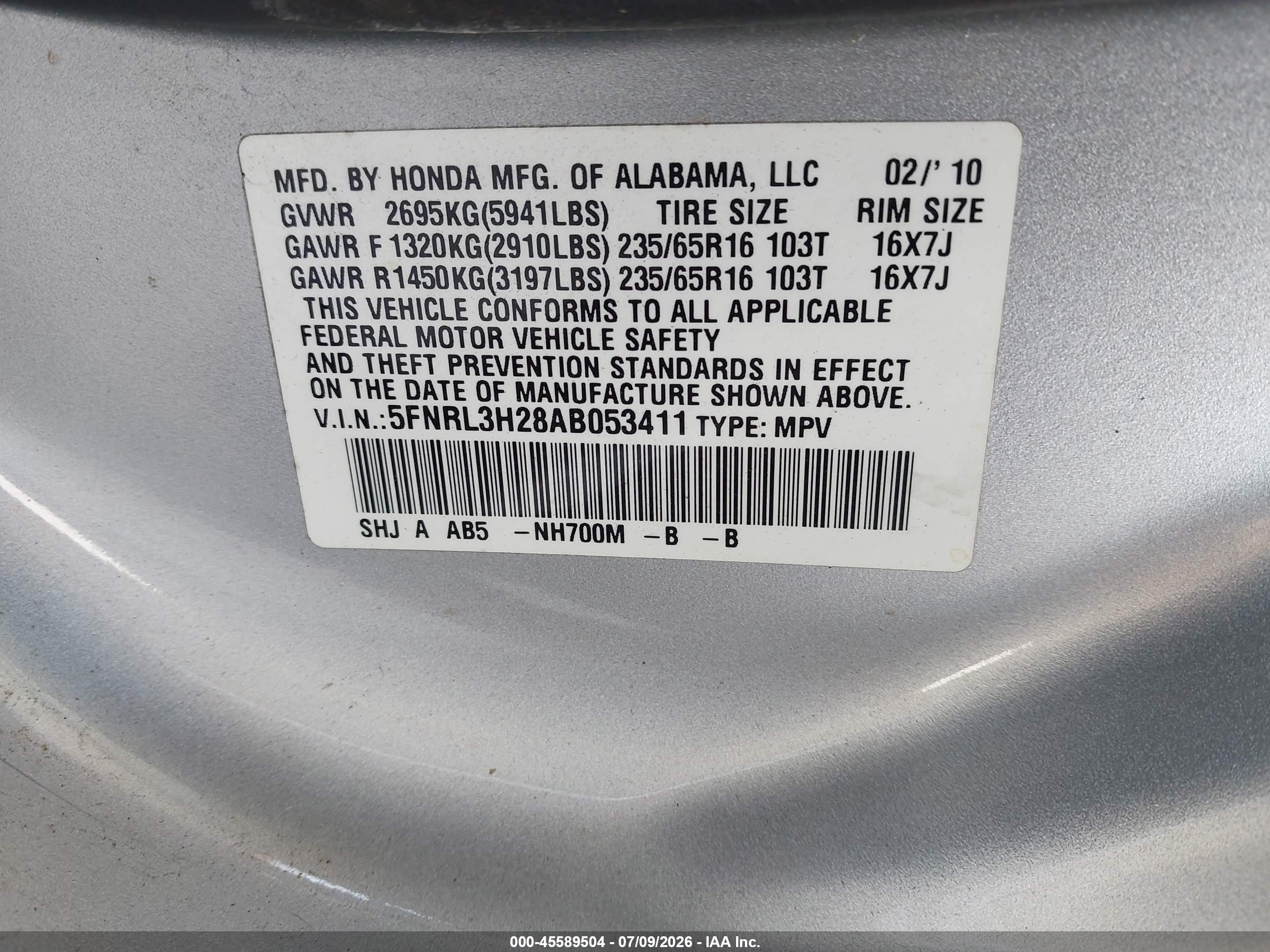 2010 Honda Odyssey Lx Silver vin: 5FNRL3H28AB053411