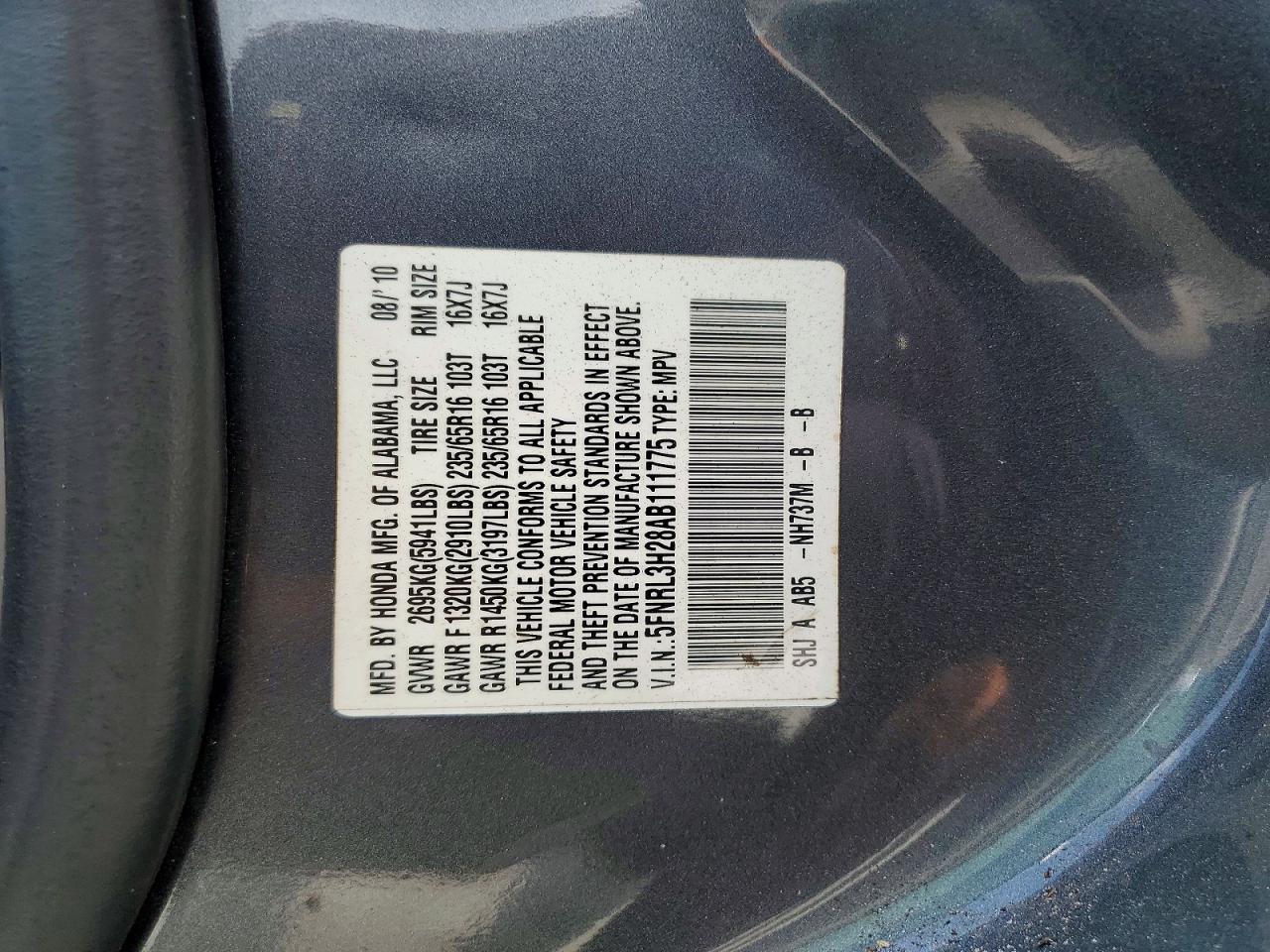 2010 Honda Odyssey Lx Gray vin: 5FNRL3H28AB111775