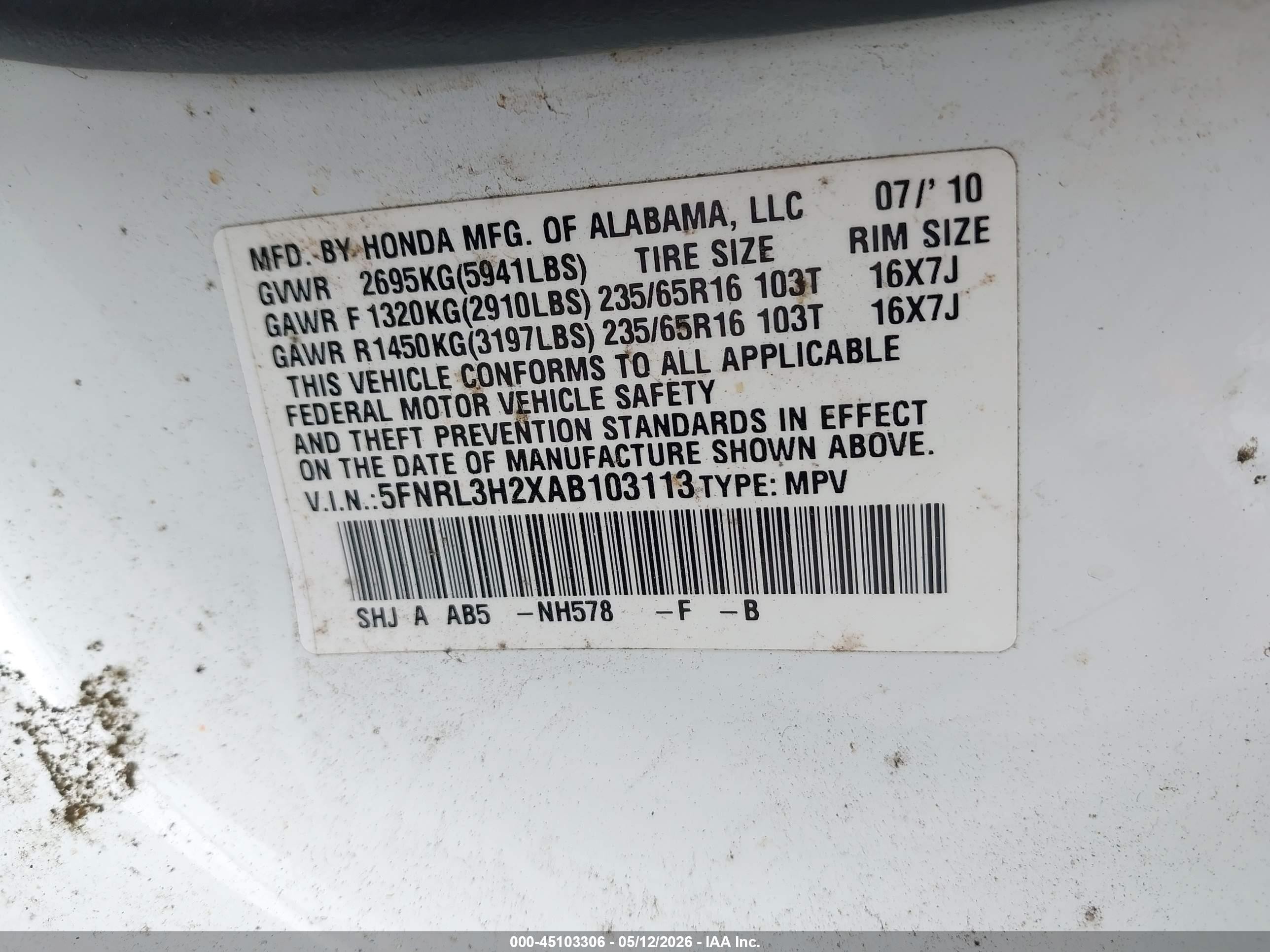 2010 Honda Odyssey Lx White vin: 5FNRL3H2XAB103113
