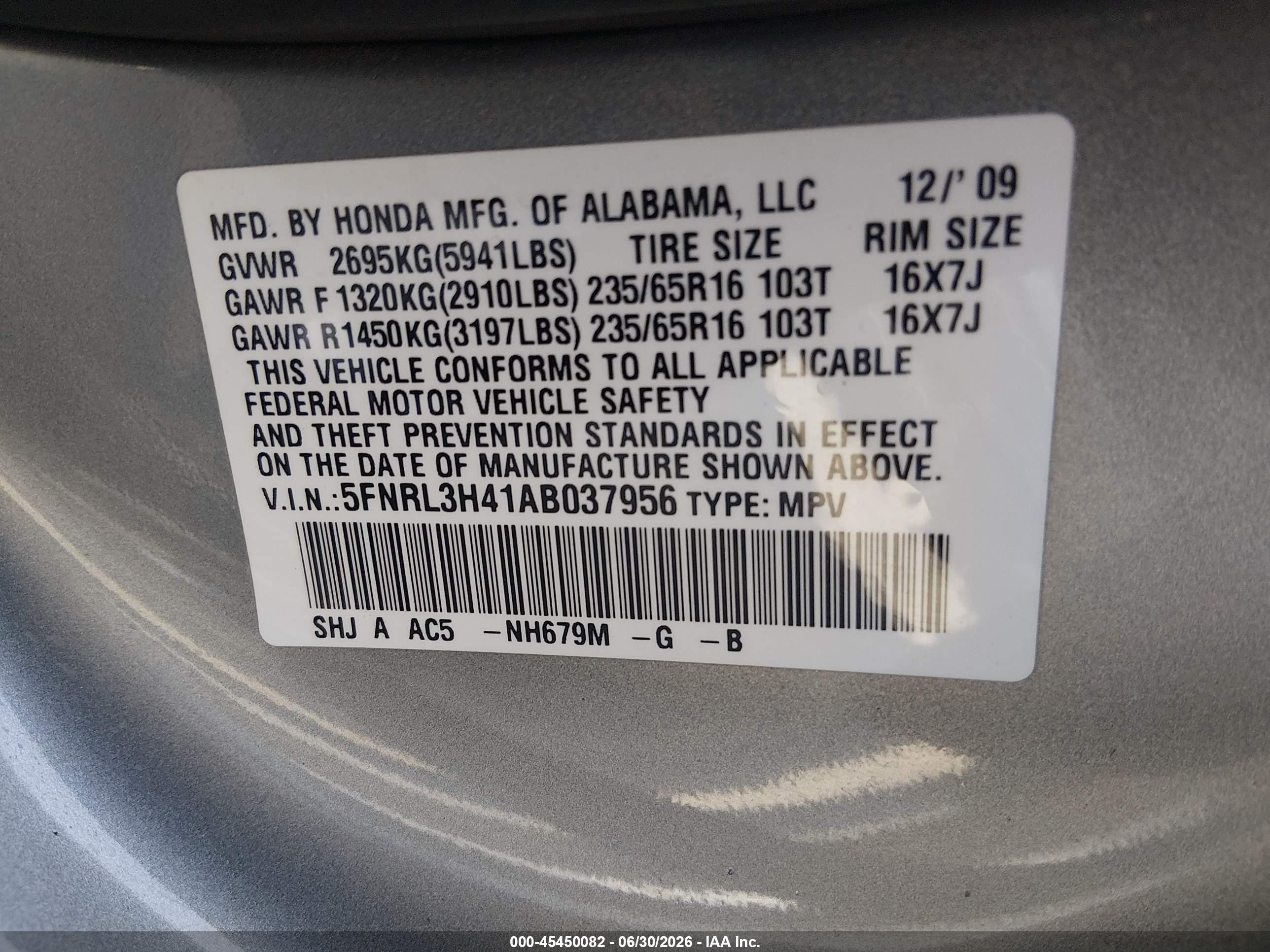 2010 Honda Odyssey Ex Light Blue vin: 5FNRL3H41AB037956