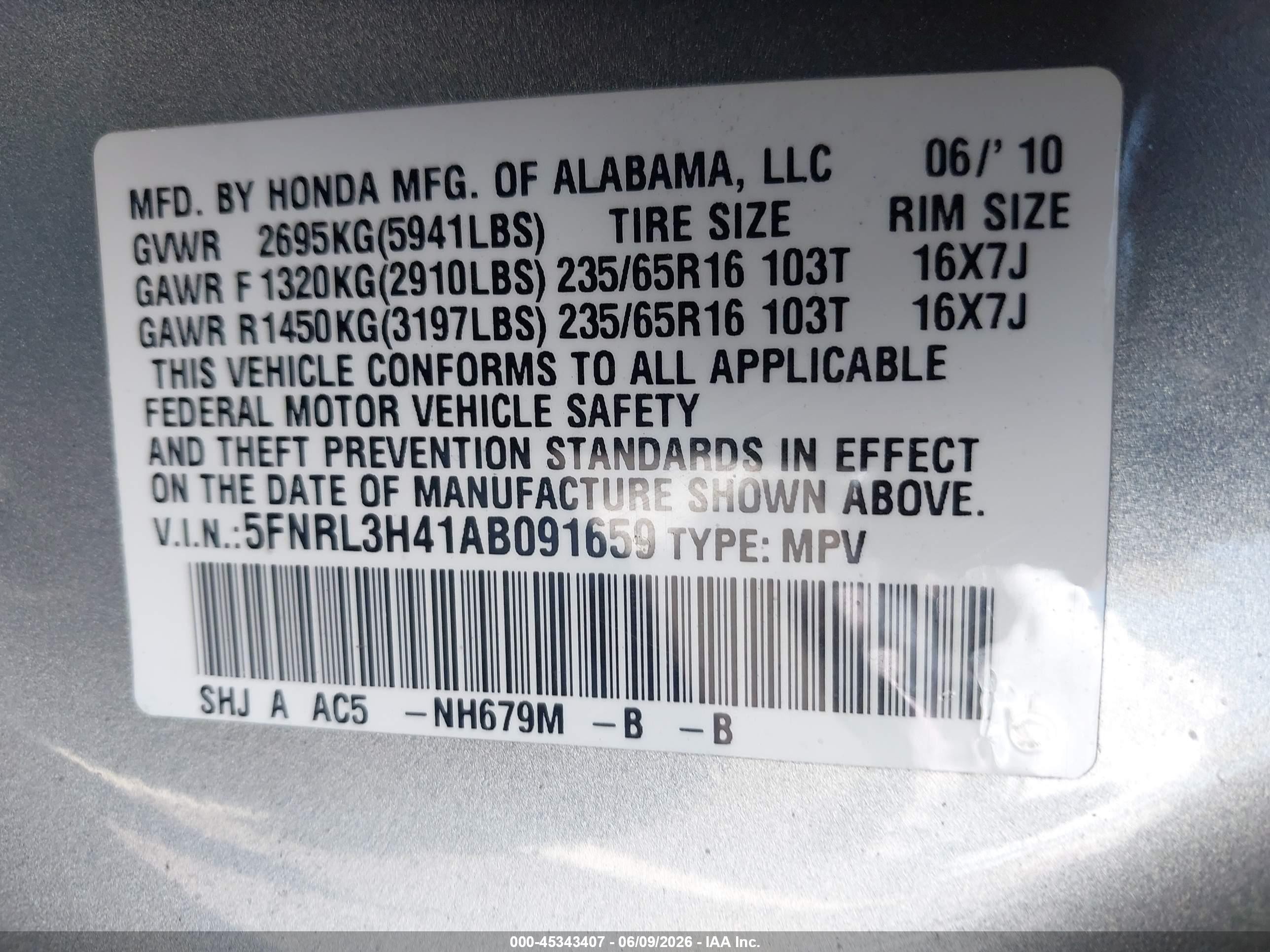 2010 Honda Odyssey Ex Light Blue vin: 5FNRL3H41AB091659