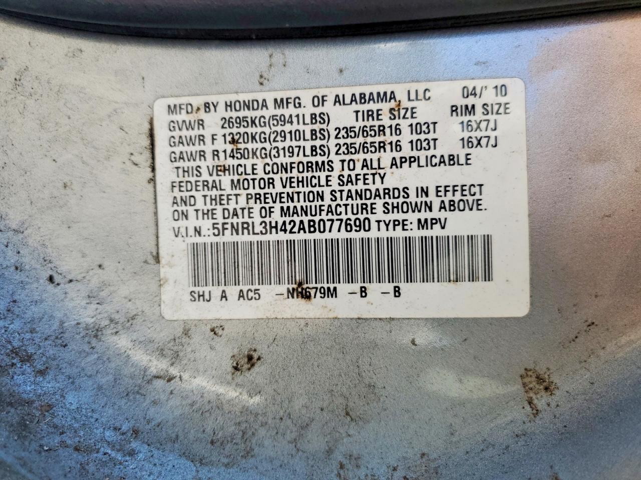 2010 Honda Odyssey Ex Silver vin: 5FNRL3H42AB077690
