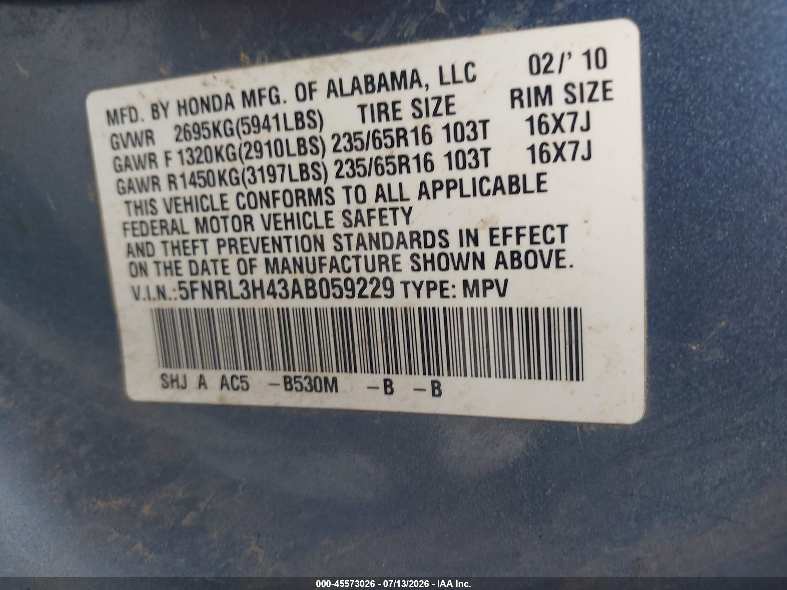 2010 Honda Odyssey Ex Blue vin: 5FNRL3H43AB059229