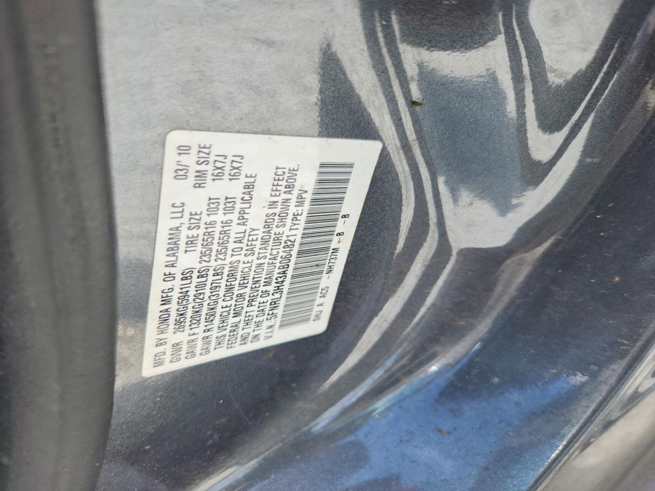 2010 Honda Odyssey Ex Gray vin: 5FNRL3H43AB064821