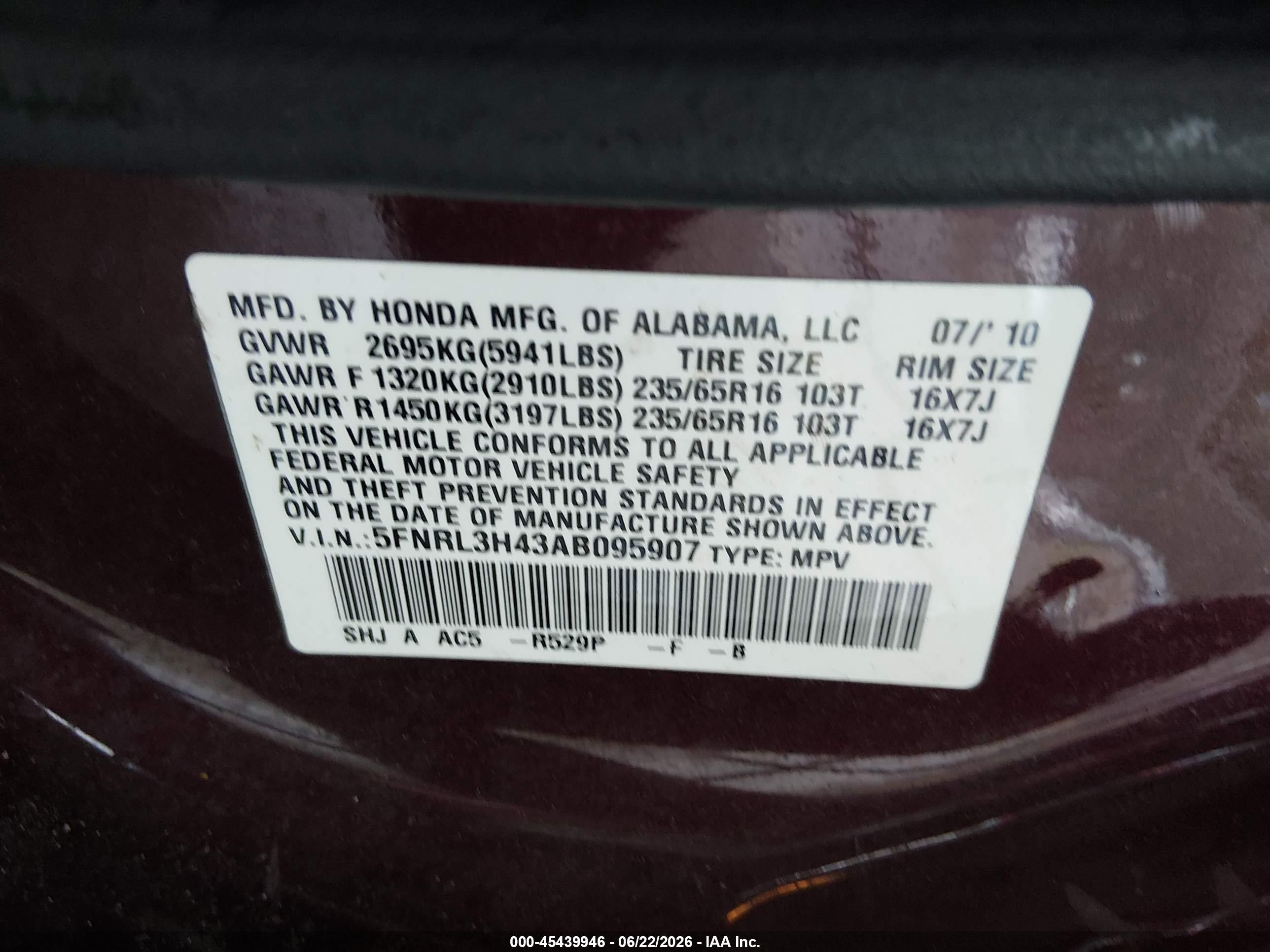 2010 Honda Odyssey Ex Red vin: 5FNRL3H43AB095907