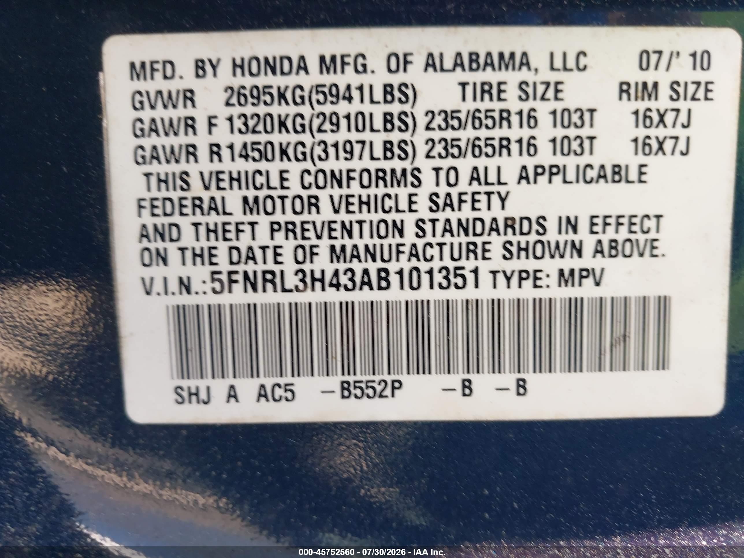 2010 Honda Odyssey Ex Dark Blue vin: 5FNRL3H43AB101351