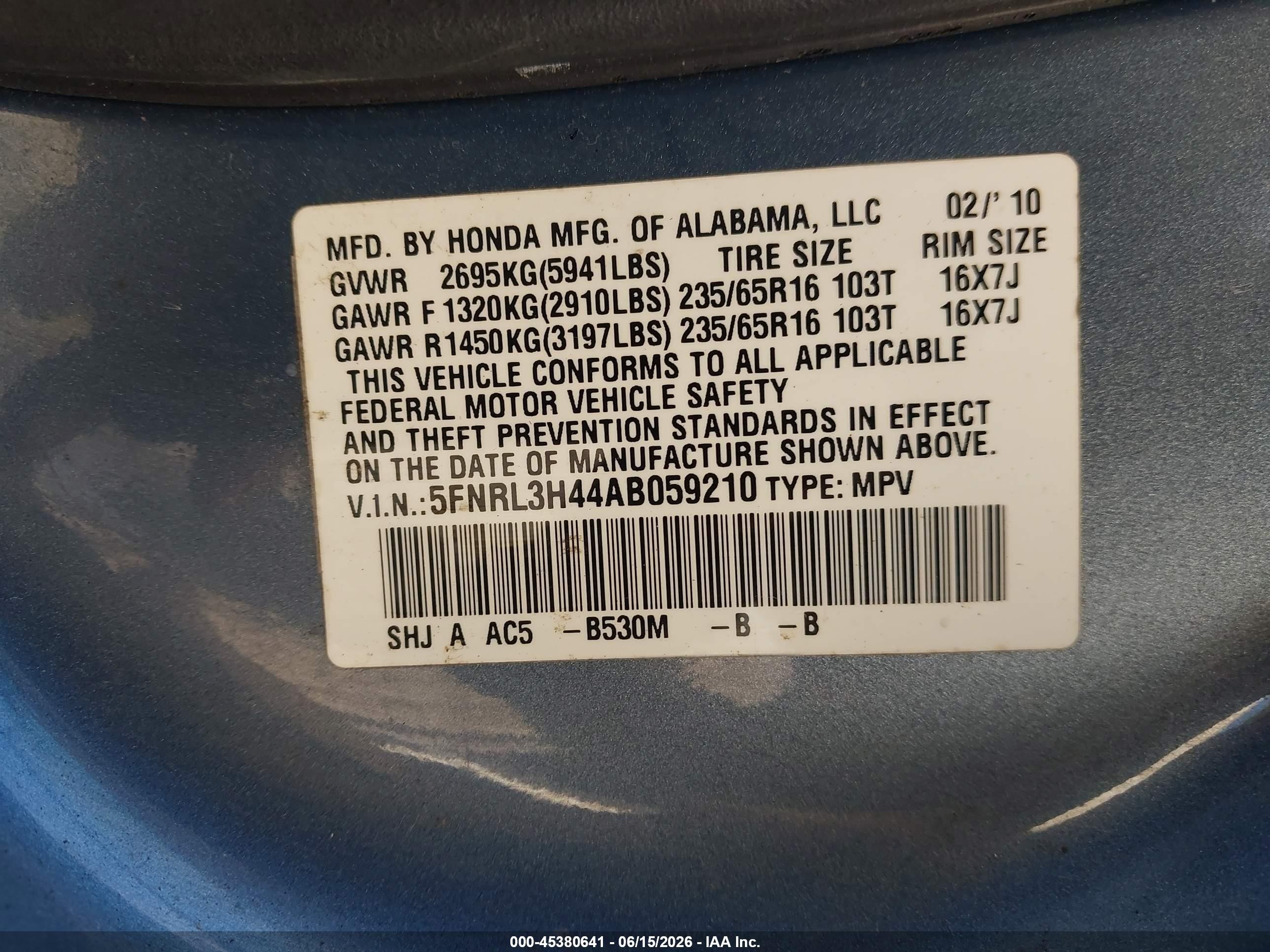 2010 Honda Odyssey Ex Blue vin: 5FNRL3H44AB059210