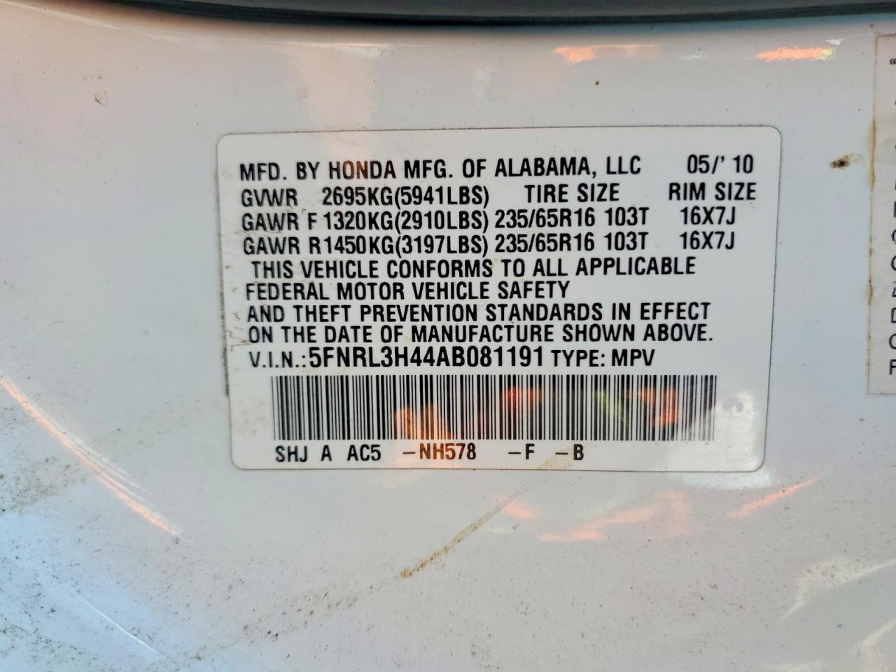 2010 Honda Odyssey Ex White vin: 5FNRL3H44AB081191