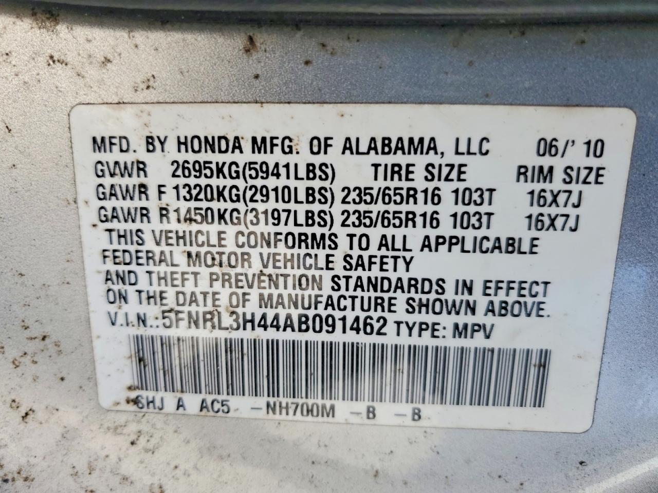 2010 Honda Odyssey Silver vin: 5FNRL3H44AB091462
