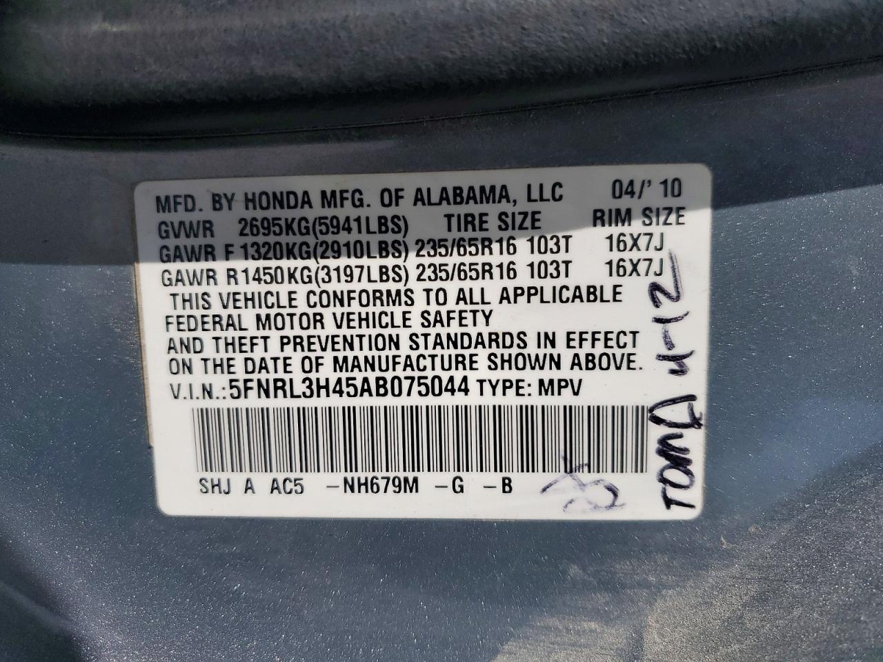 2010 Honda Odyssey Ex Silver vin: 5FNRL3H45AB075044
