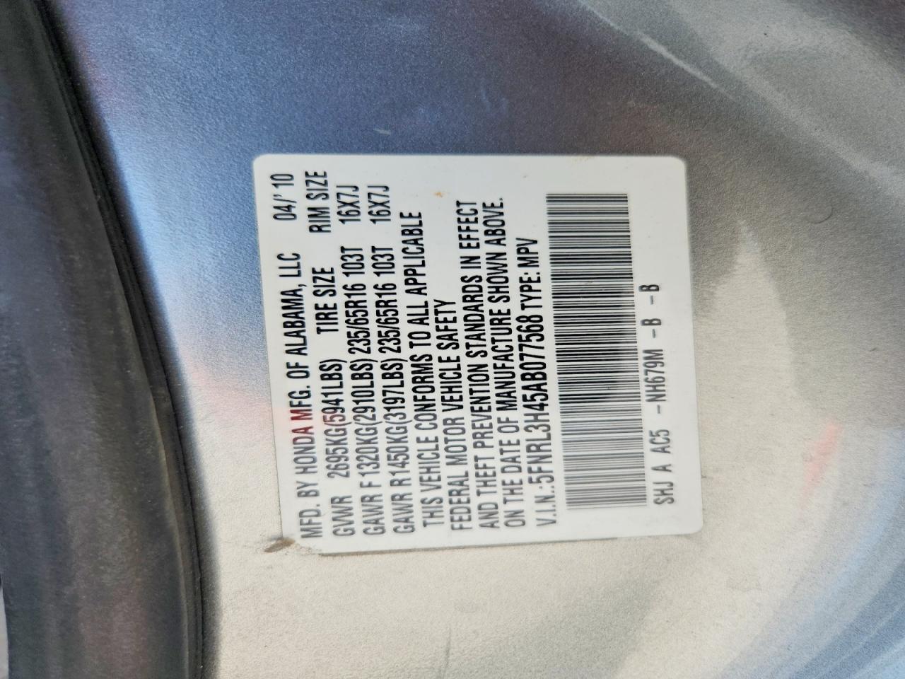 2010 Honda Odyssey Ex Silver vin: 5FNRL3H45AB077568