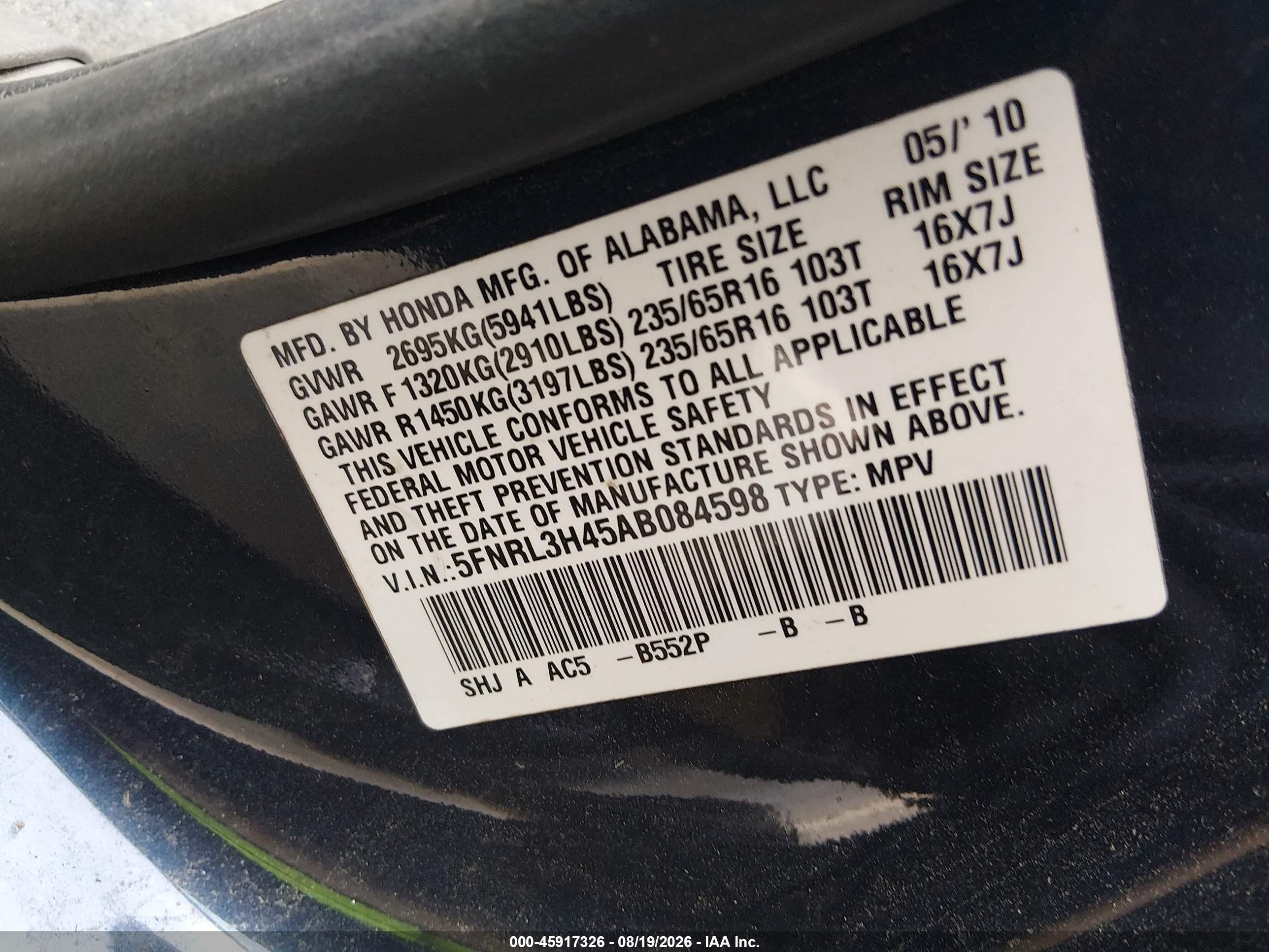 2010 Honda Odyssey Ex Blue vin: 5FNRL3H45AB084598