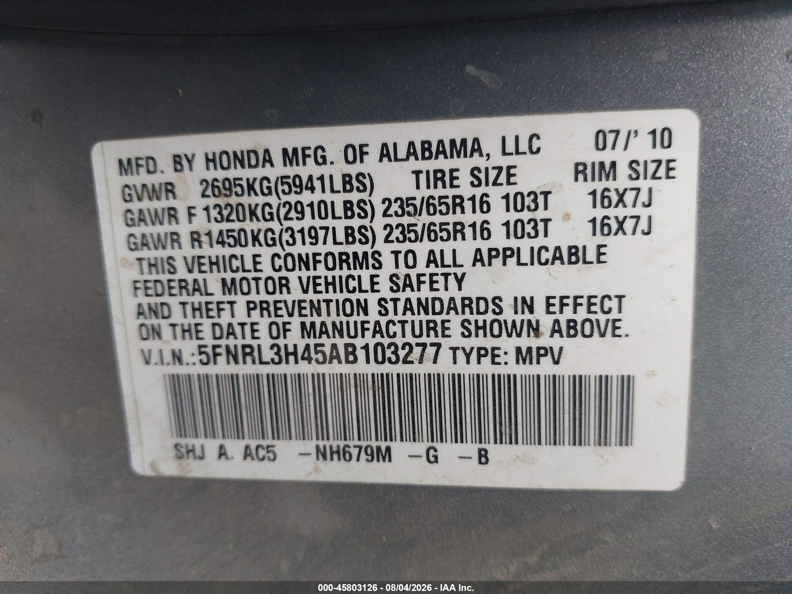 2010 Honda Odyssey Ex Silver vin: 5FNRL3H45AB103277