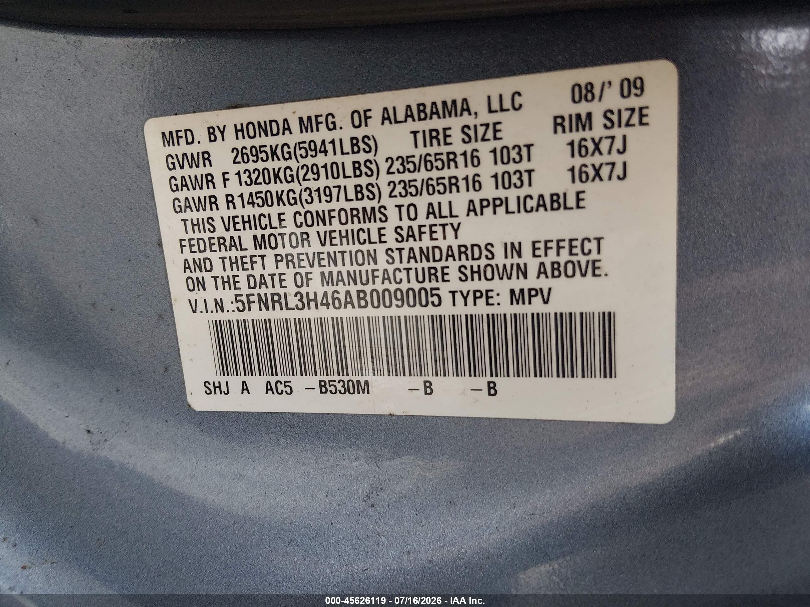 2010 Honda Odyssey Ex Blue vin: 5FNRL3H46AB009005