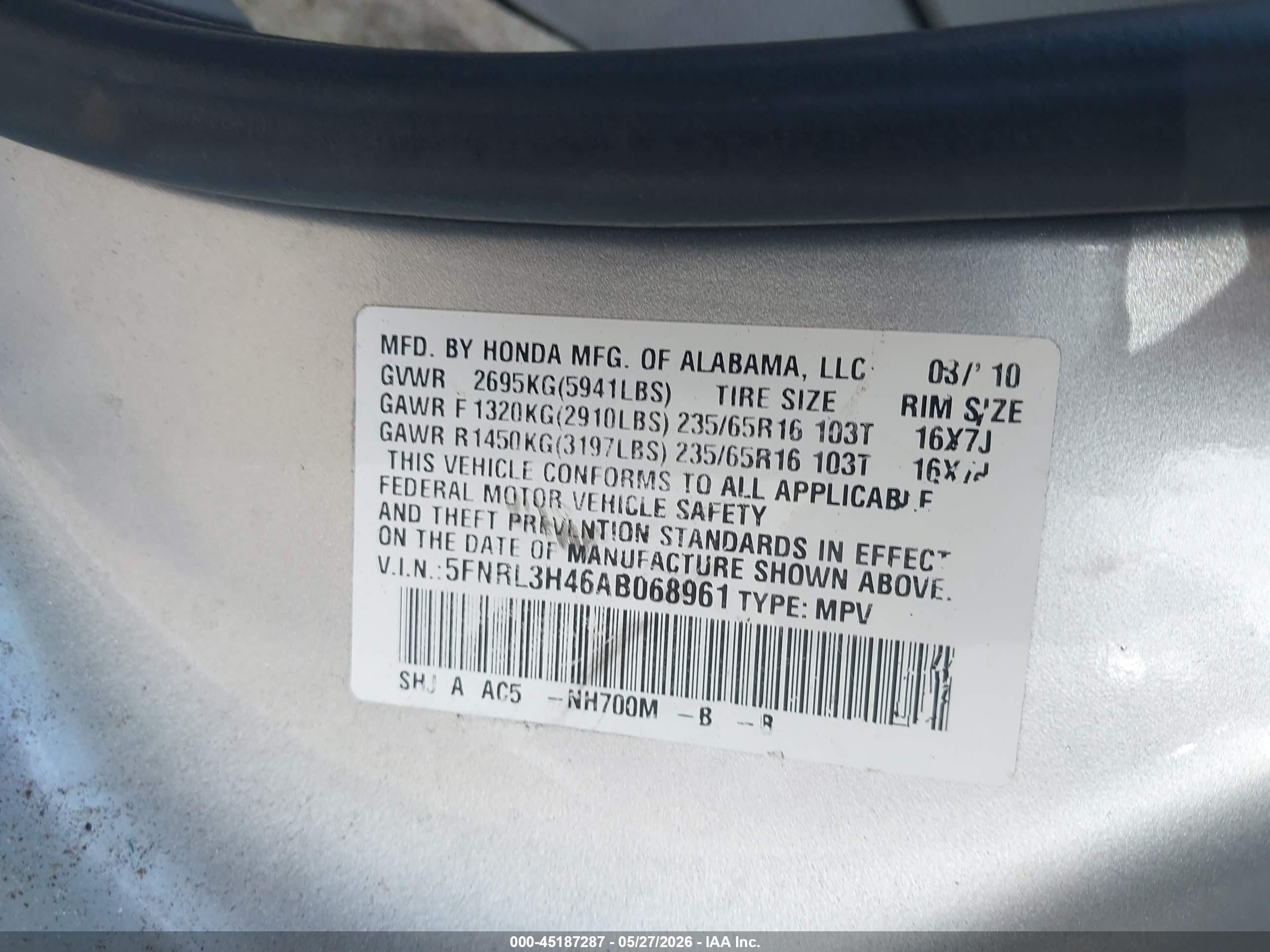 2010 Honda Odyssey Ex Silver vin: 5FNRL3H46AB068961