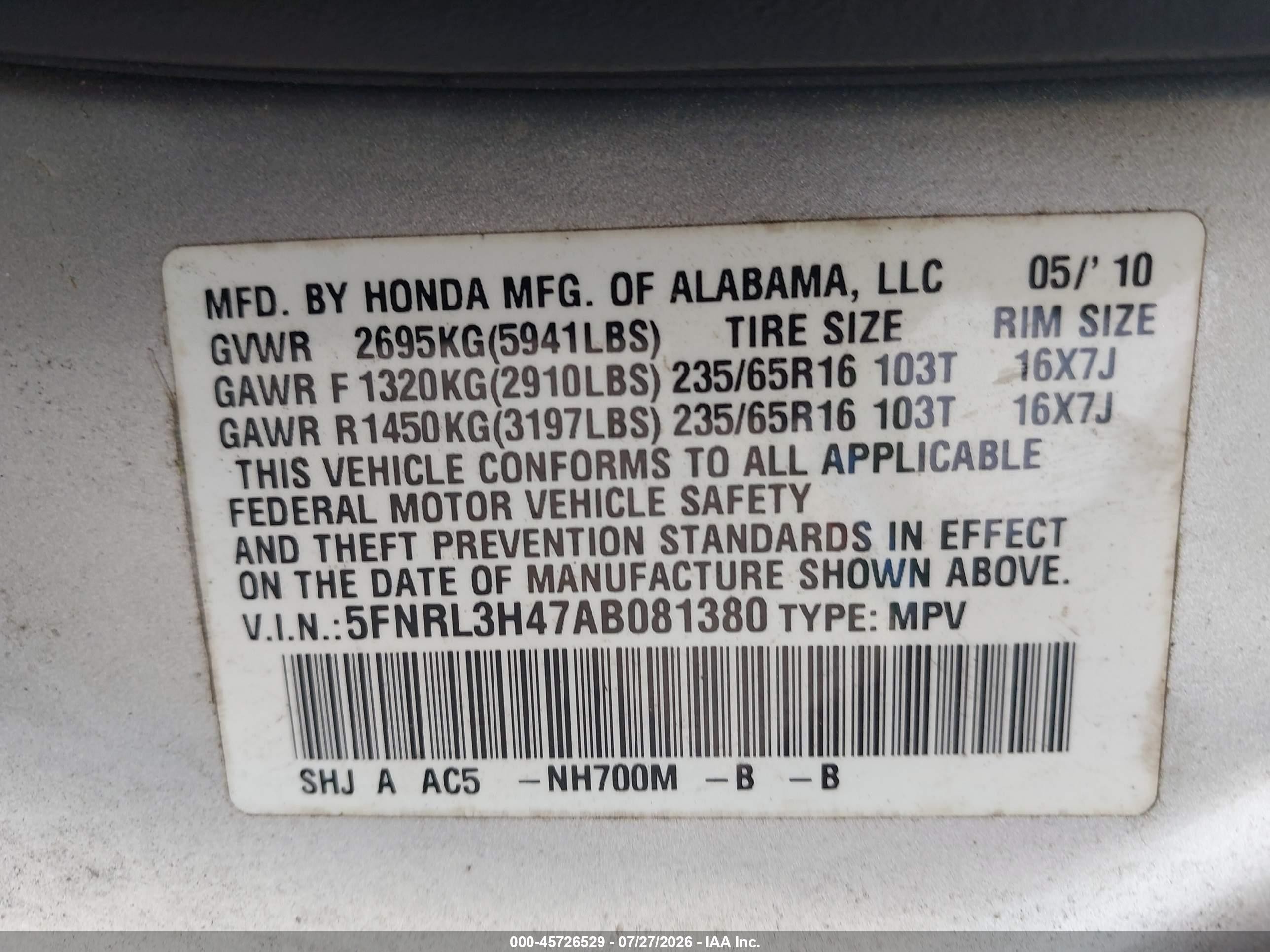 2010 Honda Odyssey Ex Silver vin: 5FNRL3H47AB081380