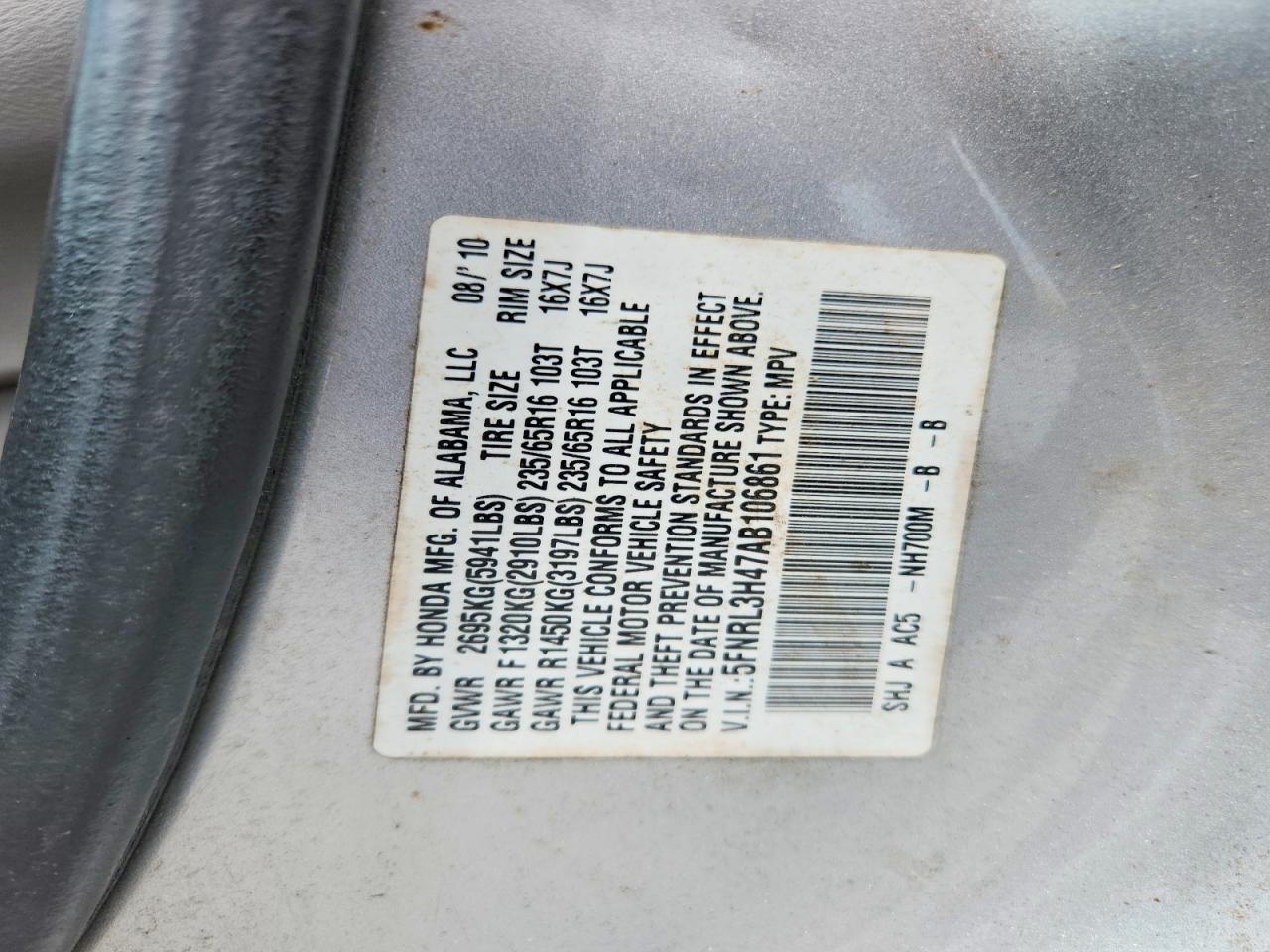 2010 Hond Odyssey Silver vin: 5FNRL3H47AB106861