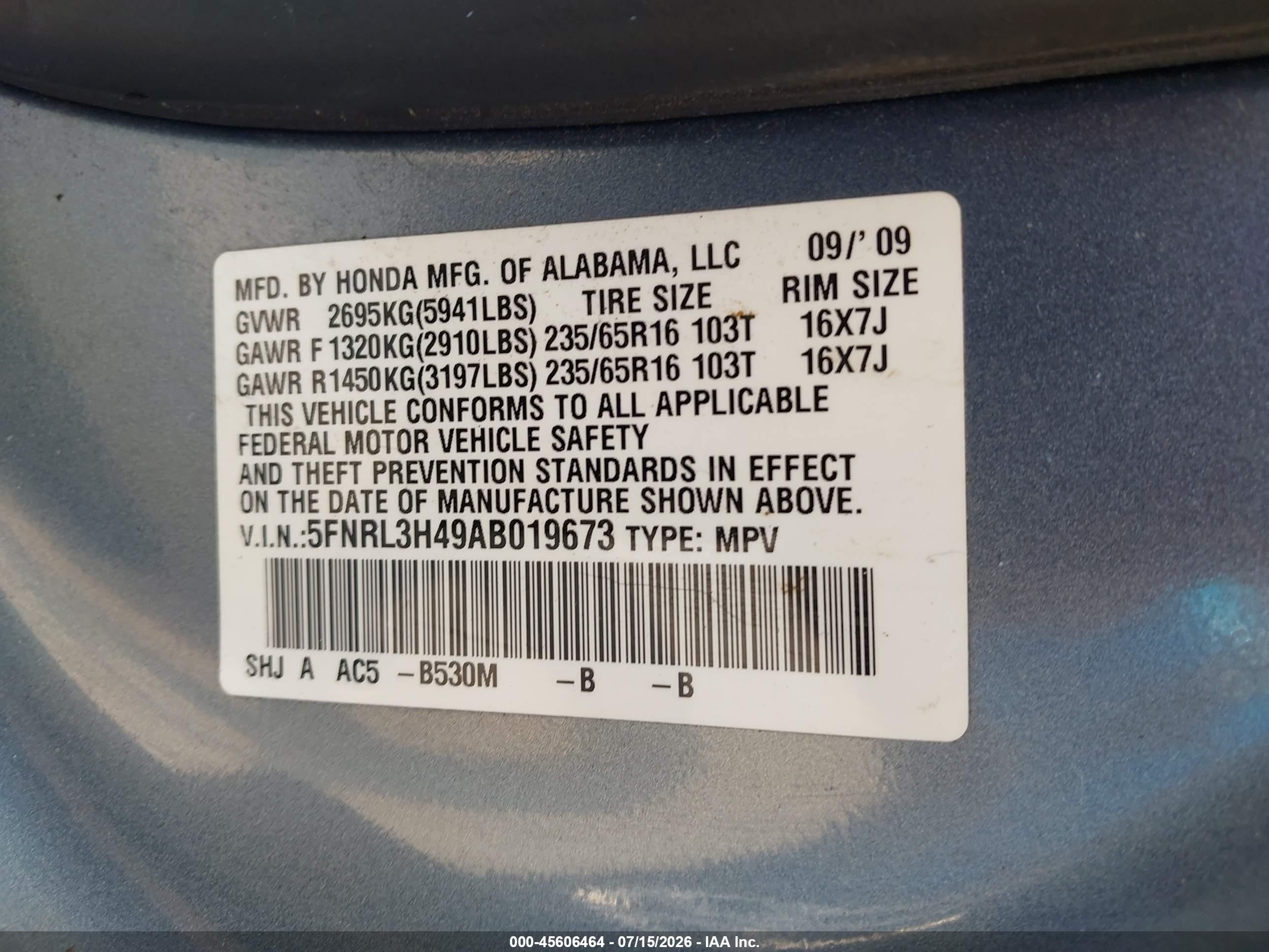 2010 Honda Odyssey Ex Light Blue vin: 5FNRL3H49AB019673